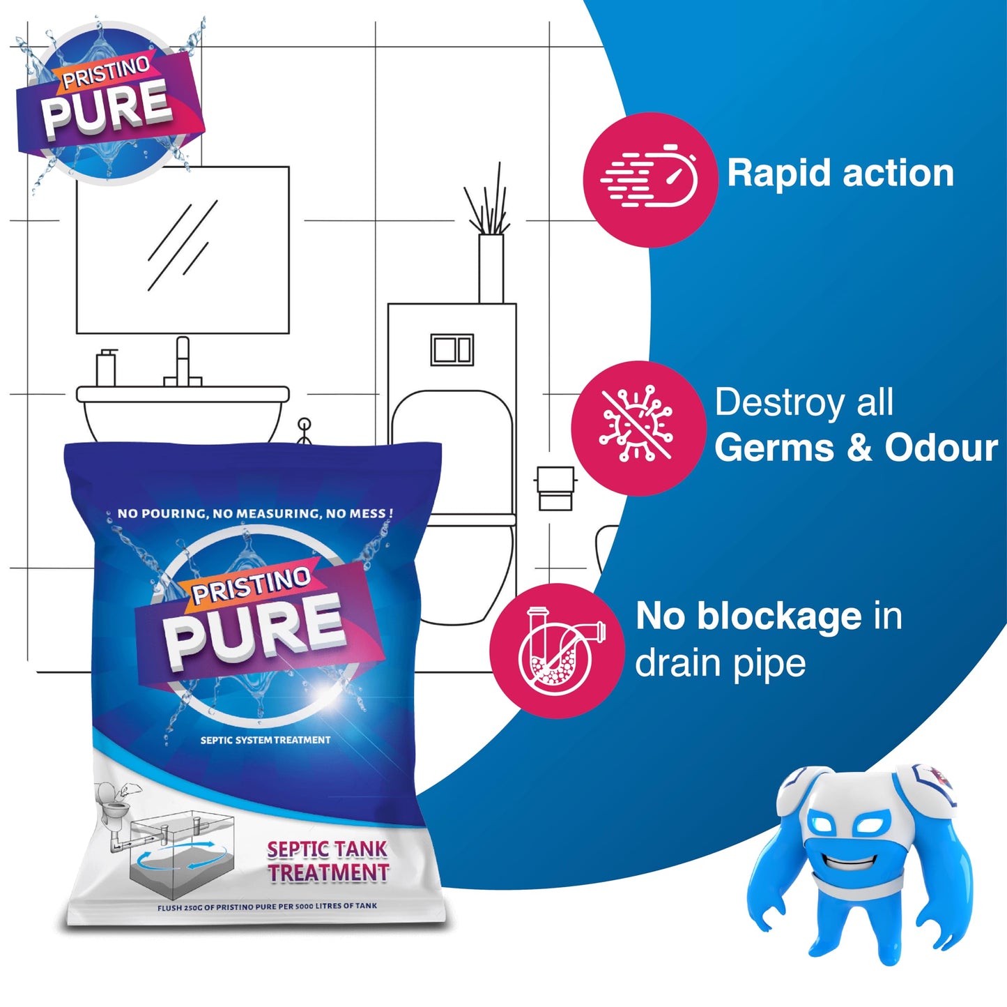 Pristino Pure Septic Tank Cleaner - 500gm | One pack for one-year maintenance| Clears Drains, Prevents Blockages, and Keeps Your Drain System Fresh and Clean!