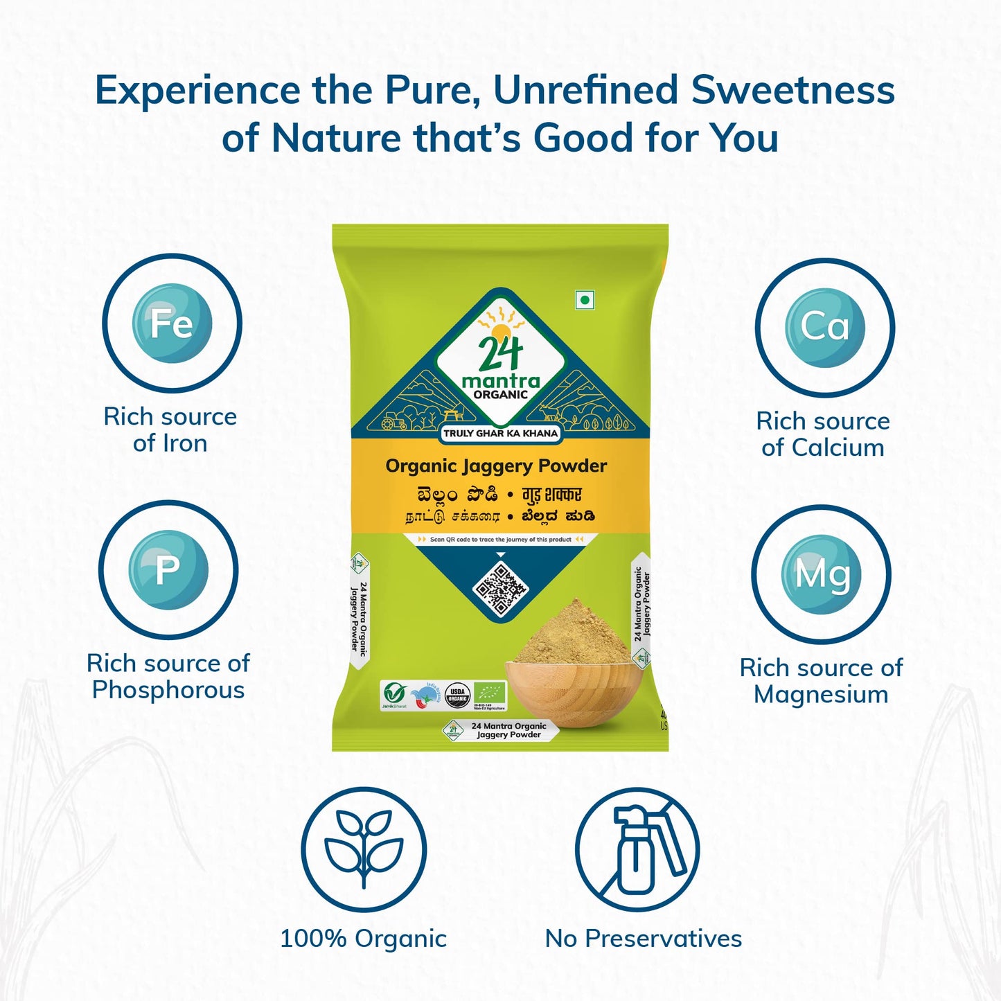 24 Mantra Organic Unbleached Jaggery Powder 500 gms, Healthy Sugar Substitute, Unrefined & Unadulterated | Certified Organic & Chemical Free