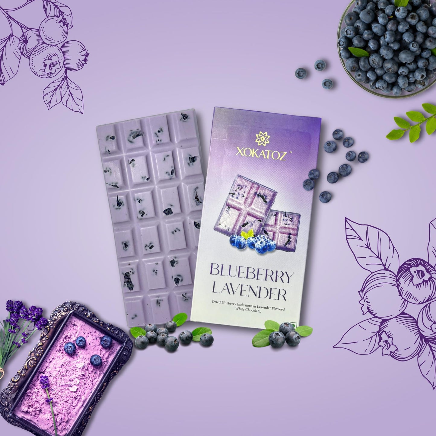 XOKATOZ Exotic Premium Chocolate - 1 Mixed Berries and 1 Blueberry Lavender Flavours - Flavoured White Chocolate Bars - Gift set - Pack of 2, 150g (75g x 2)