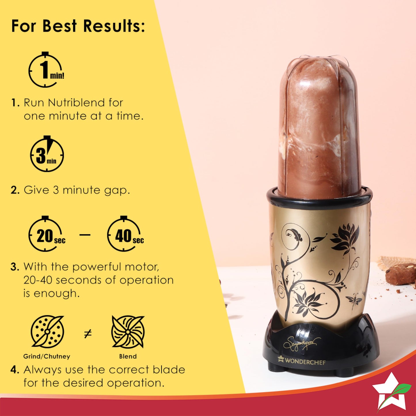 Wonderchef Nutri-blend Mixer, Grinder & Blender|500W 22000 RPM 100% Full Copper Motor|Stainless Steel Blades|2 Unbreakable Jars|2 Years Warranty|Recipe book by Chef Sanjeev Kapoor|Champagne