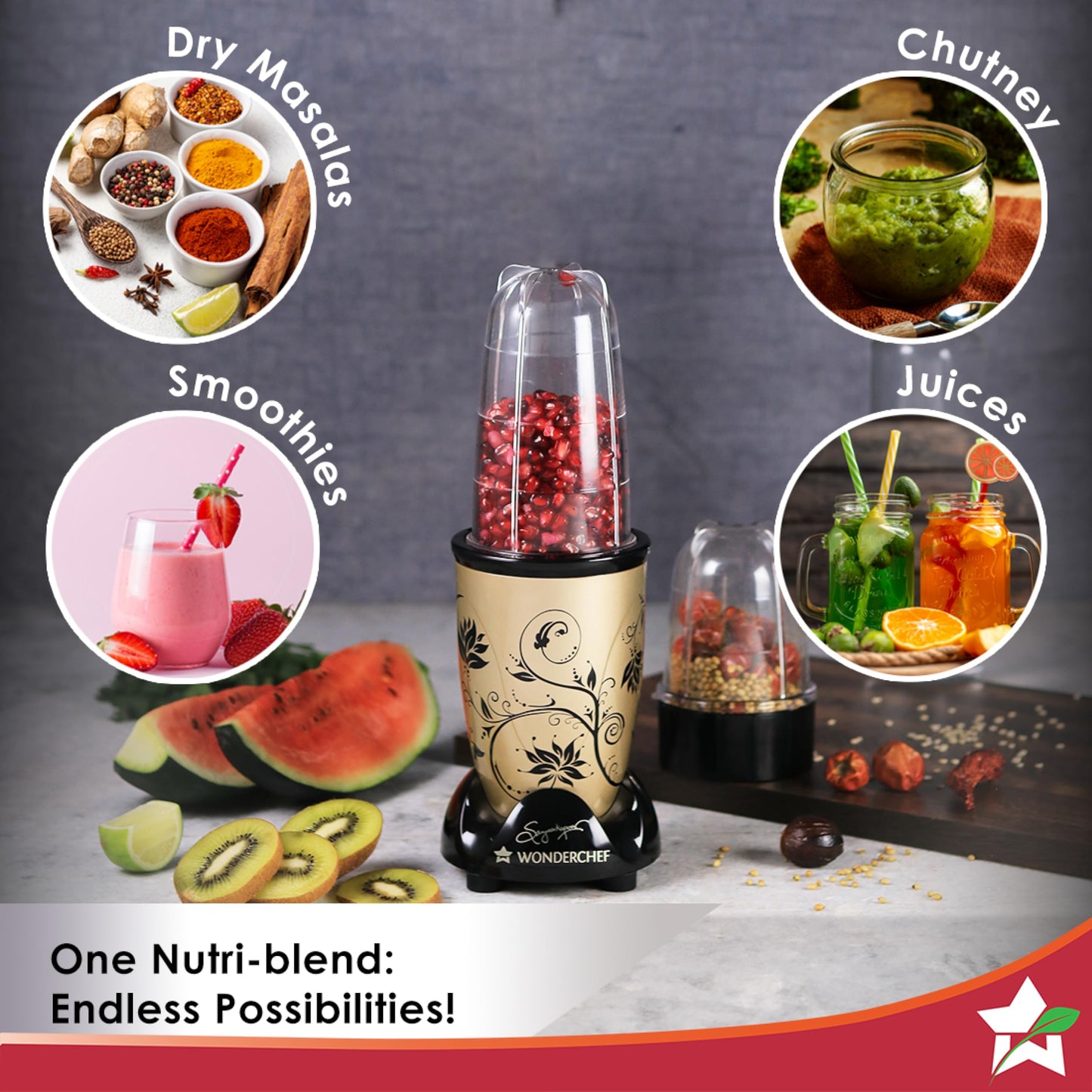 Wonderchef Nutri-blend Mixer, Grinder & Blender|500W 22000 RPM 100% Full Copper Motor|Stainless Steel Blades|2 Unbreakable Jars|2 Years Warranty|Recipe book by Chef Sanjeev Kapoor|Champagne