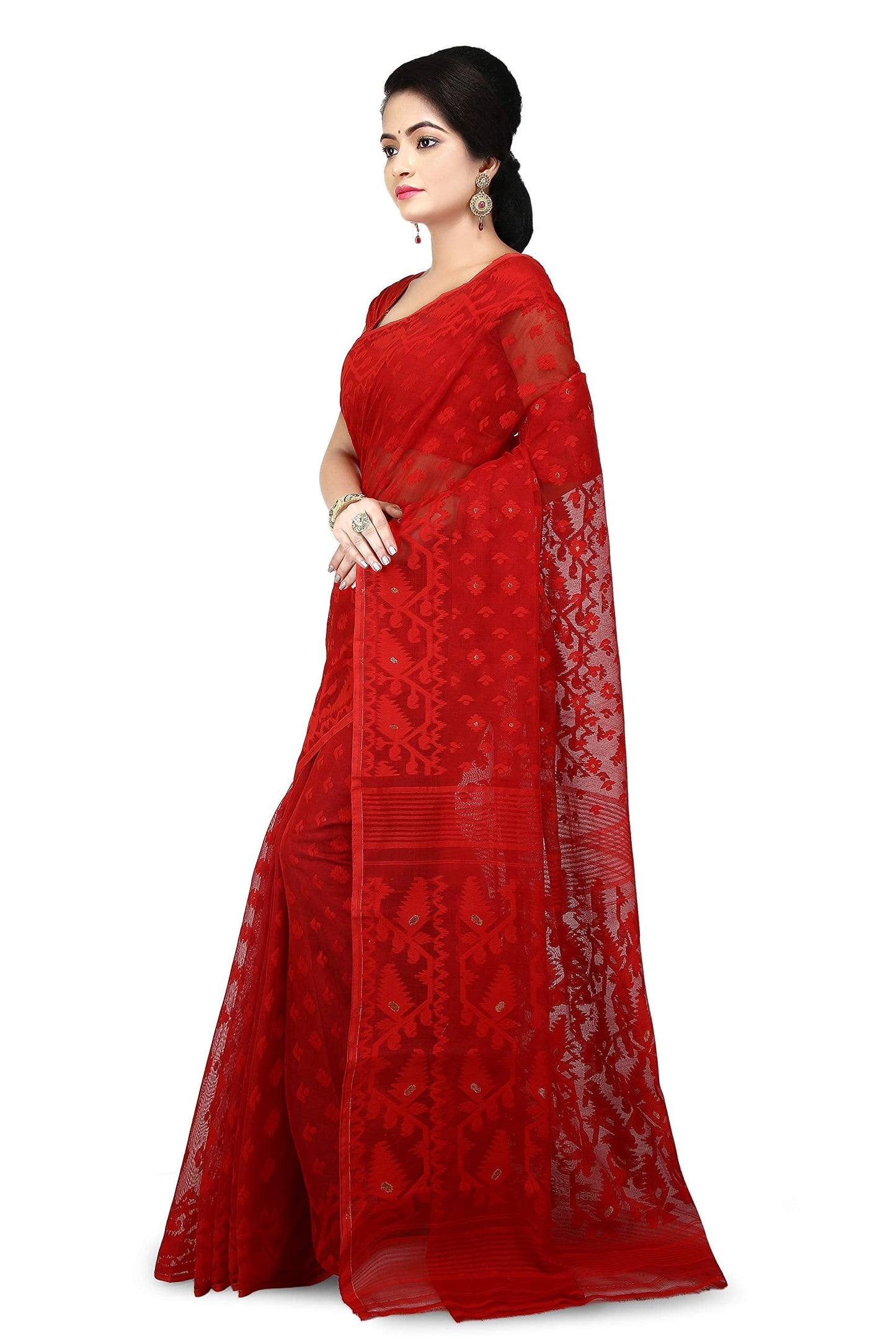 WoodenTant Women's Jamdani Cotton Silk Saree Without Blouse Piece (SDJ17_Red)