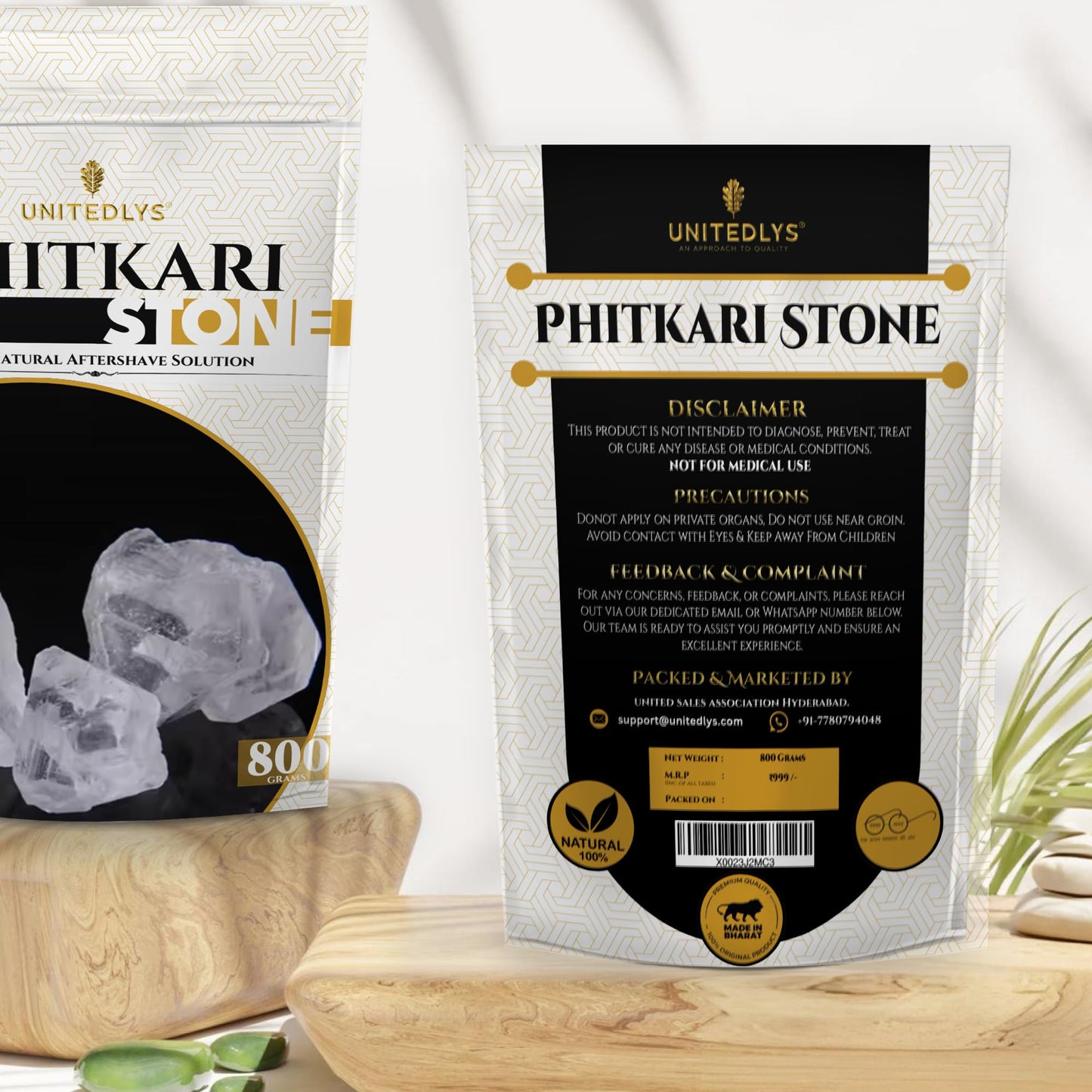 Unitedlys Organic Phitkari Alum Stone for Face 800G | Fitkari Stone for Skin Tightening, Water Purification, Shaving & Teeth Care | Premium White Crystals Fitkiri Alum Stone | Gentle & Effective