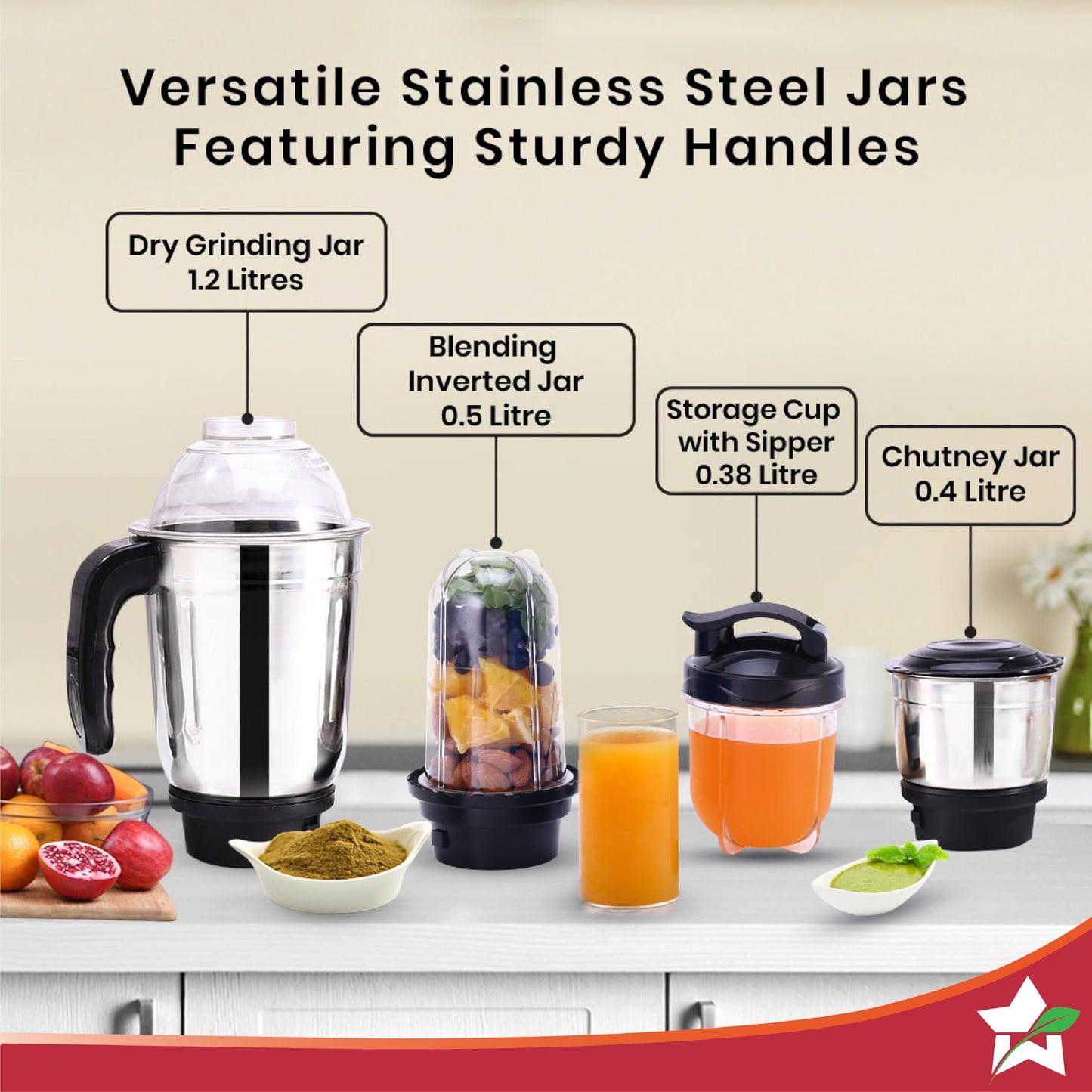 Wonderchef Acura Blender Pro Mixer Grinder 500W, 230V~50Hz, 4 Jars(2 Stainless Steel + 2 Polycarbonate Jars), Black & Blue, 2 Years Warranty by Wonderchef