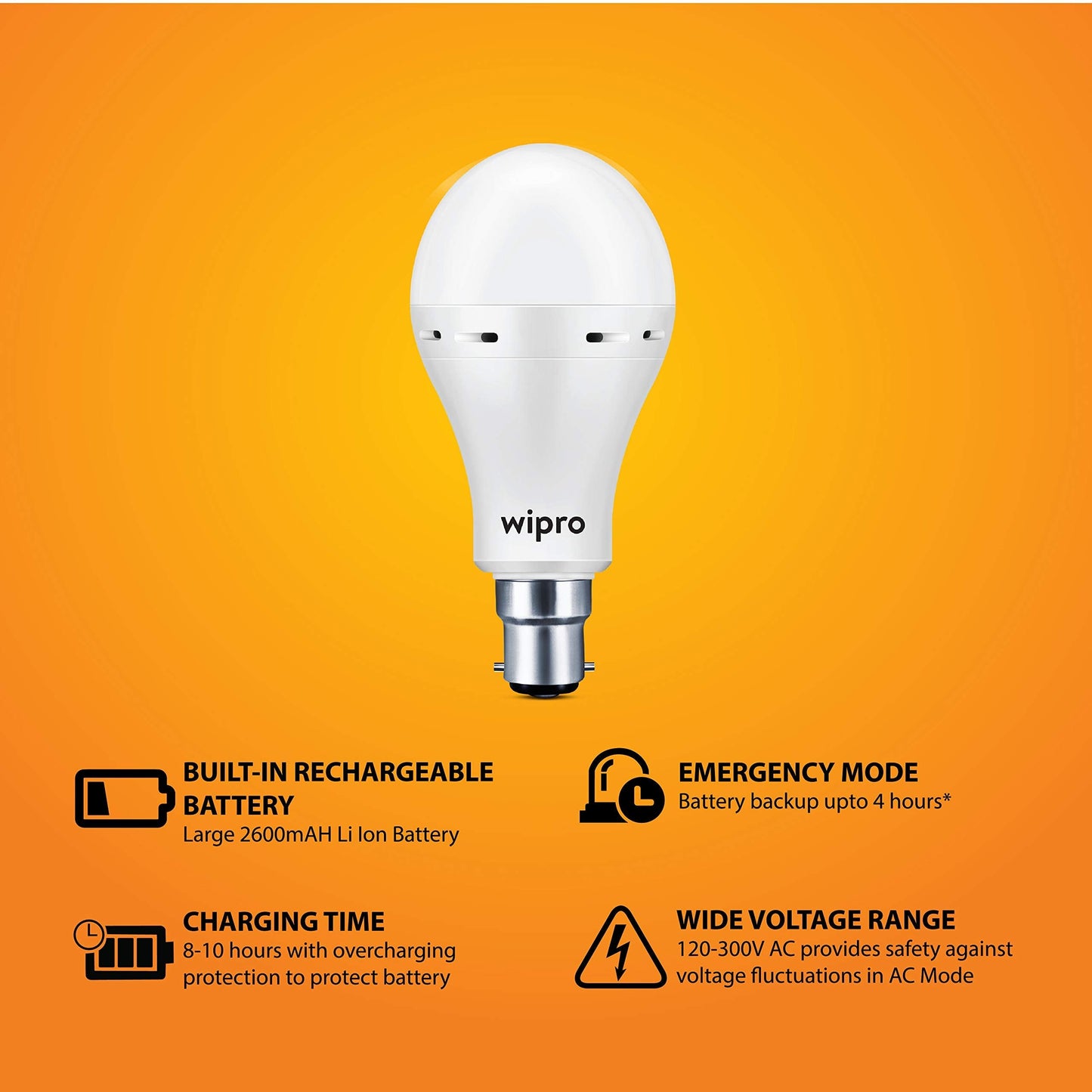 wipro Garnet 9w LED Emergency Bulb | Cool Day White (6500K) | B22 LED Bulb Base | Inverter Bulb for home, with 4 Hours battery back up| Li-ion Battery | Over charging Protection | Pack of 1