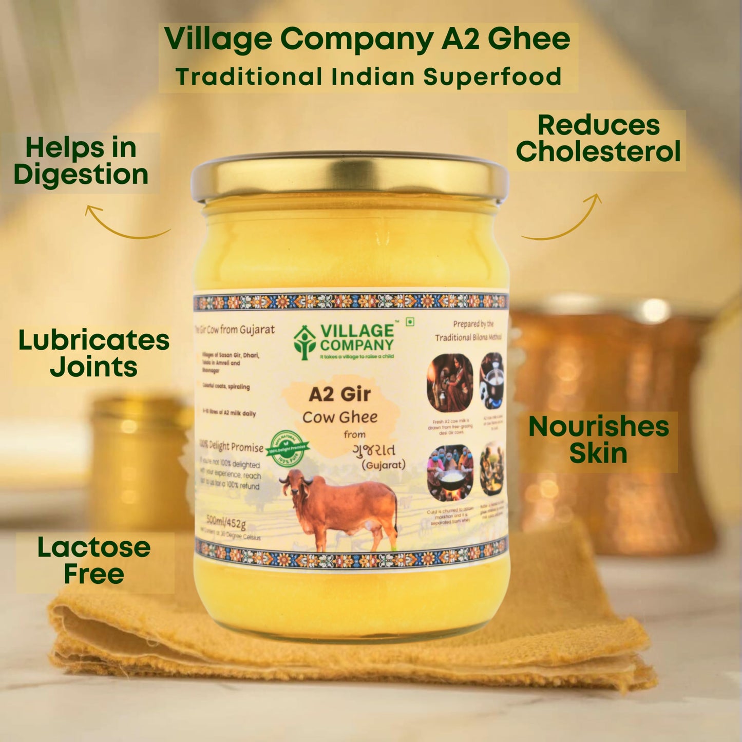 Village Company A2 Cow Desi Ghee 500ML | Gir Ghee Vedic Bilona Method | Organic Pure Natural | Two Way Curd Churned - Best Farm Fresh Grass Fed Cattle Milk | India Lab Certified | Glass Jar Half Litre