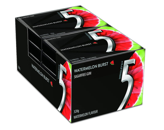 10x Wrigley's 5 Gum Watermelon Burst Sugarfree Gum - Pack of 10 - 32g each
