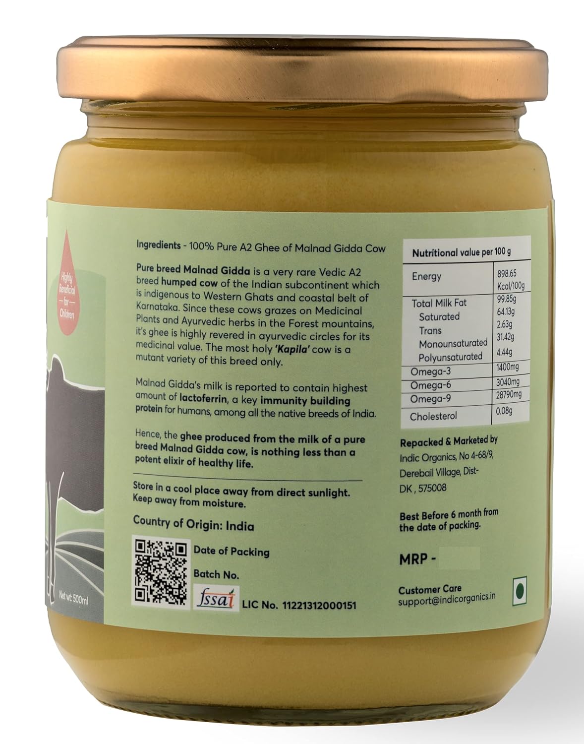 Indic Organics Forest Grazing Malnad Gidda Desi Cow's A2 Ghee | Rare Ayurvedic & Medicinal Bilona Ghee, 1000 ml