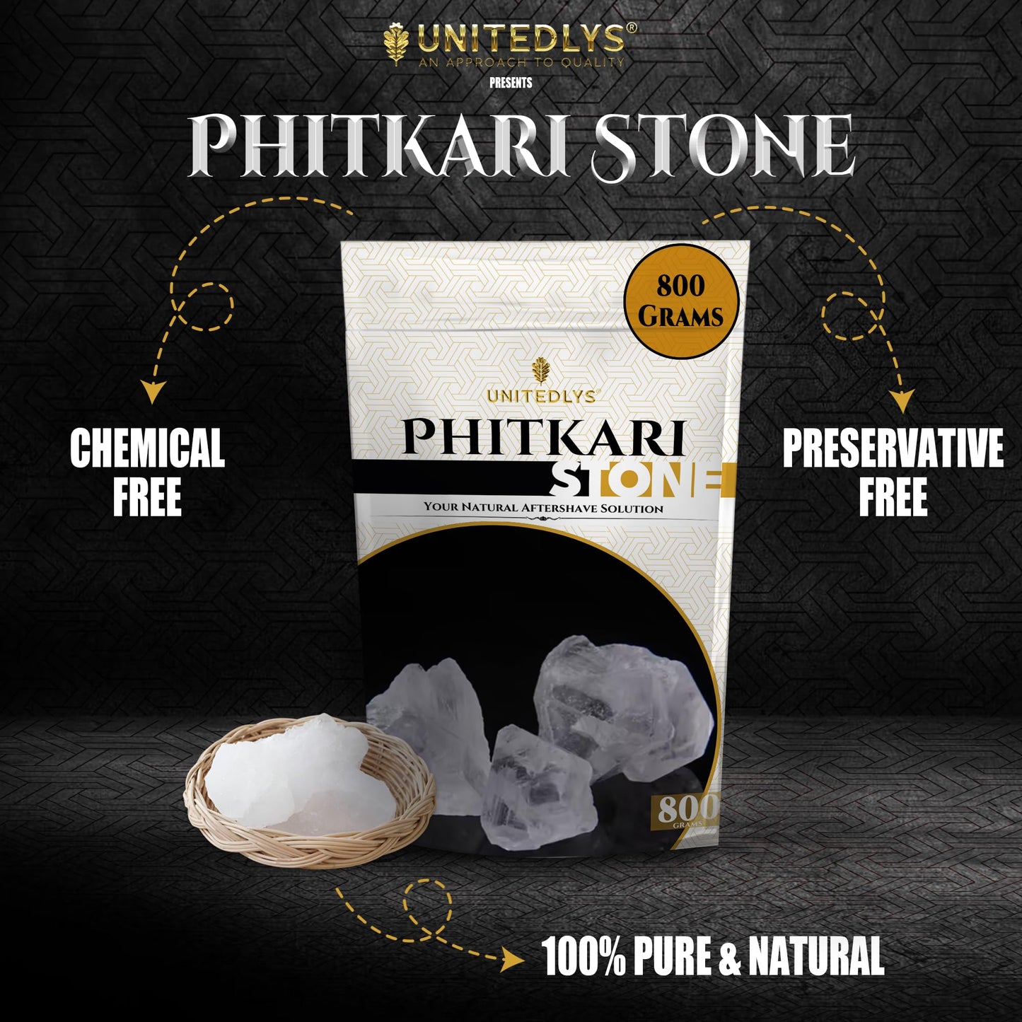 Unitedlys Organic Phitkari Alum Stone for Face 800G | Fitkari Stone for Skin Tightening, Water Purification, Shaving & Teeth Care | Premium White Crystals Fitkiri Alum Stone | Gentle & Effective