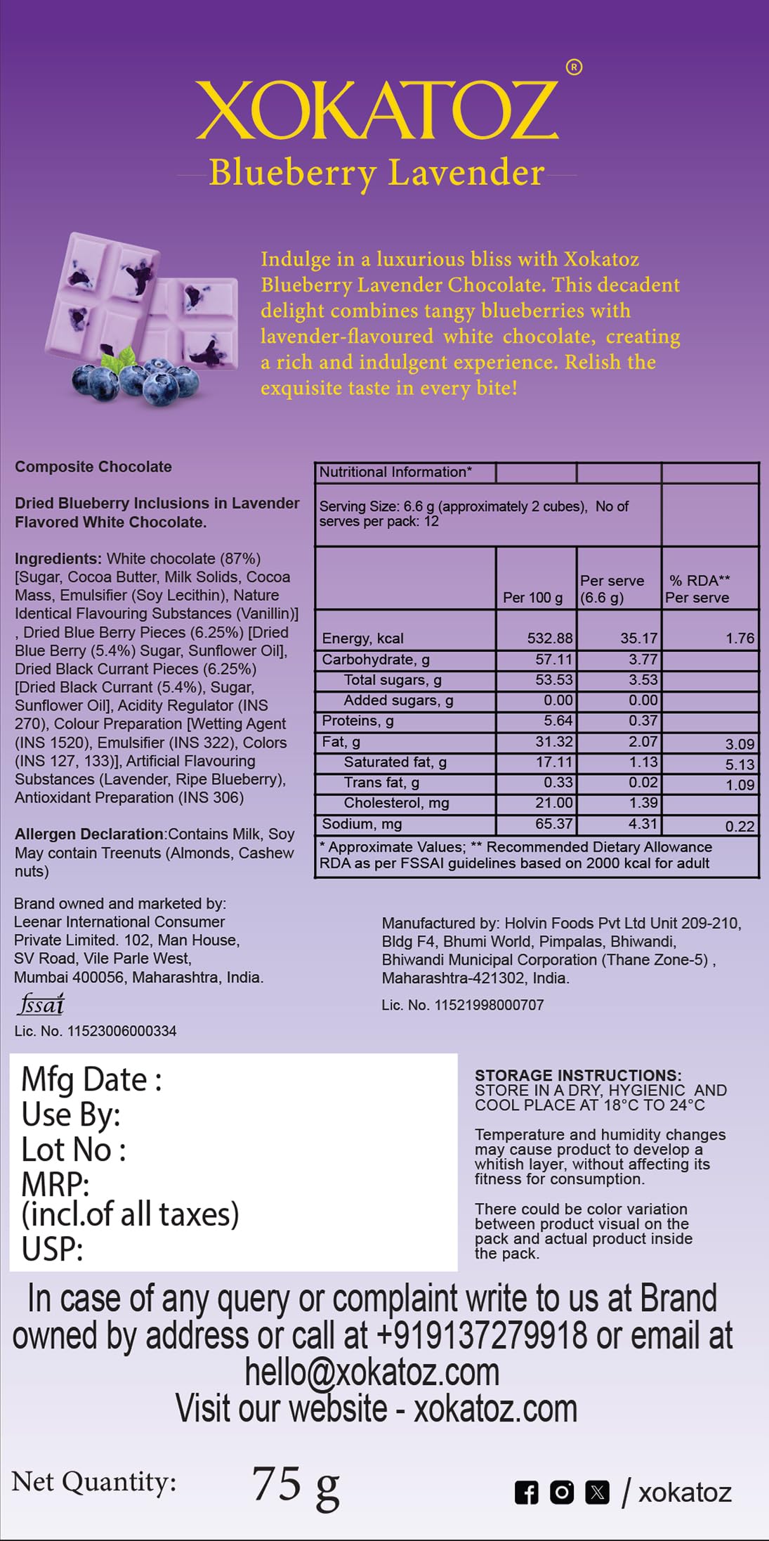 XOKATOZ Exotic Premium Chocolate - 1 Blueberry Lavender Flavoured White Chocolate Bars - Gift set - Pack of 1, 75g (75g x 1)