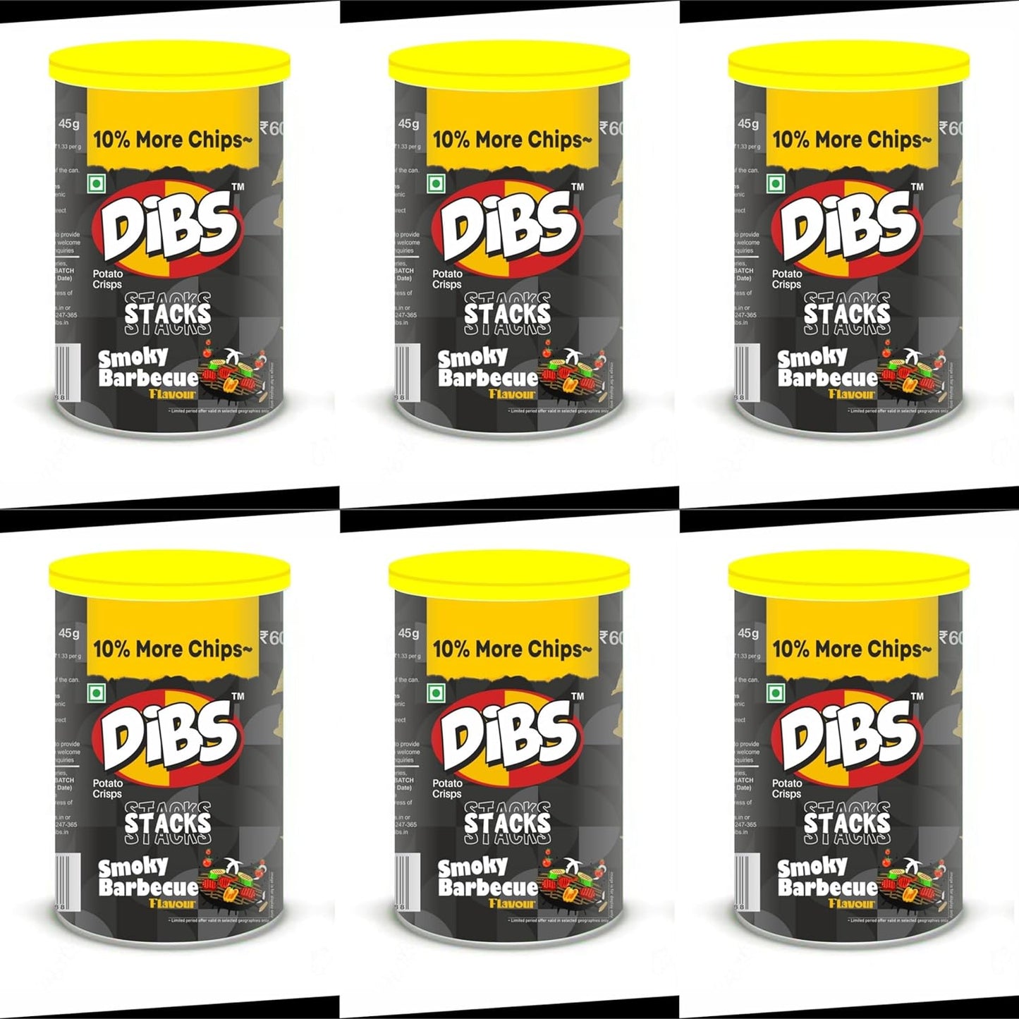 Dibs stacks (Pack of 6, 45 GM Each) Smoky Barbecue Potato Crisps Chips On the Go Adventure, Crunchy Healthy and Tasty Chips, Snacks Chips