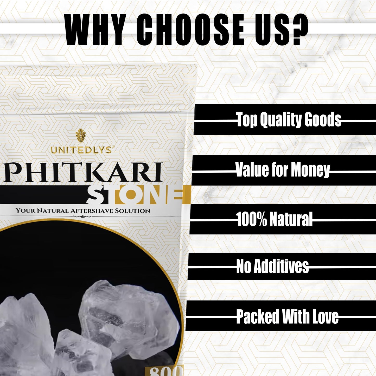 Unitedlys Organic Phitkari Alum Stone for Face 800G | Fitkari Stone for Skin Tightening, Water Purification, Shaving & Teeth Care | Premium White Crystals Fitkiri Alum Stone | Gentle & Effective