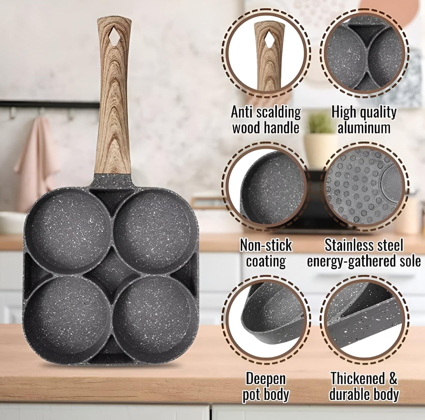 VDNSI Non Stick Frying Pan 4 Hole Ceramic Pan for Cooking Non Stick Egg Frying Pan with Wooden Handle Non Stick Omelette Pan Iron Cooking Pans for Kitchen (1pcs) (Black)