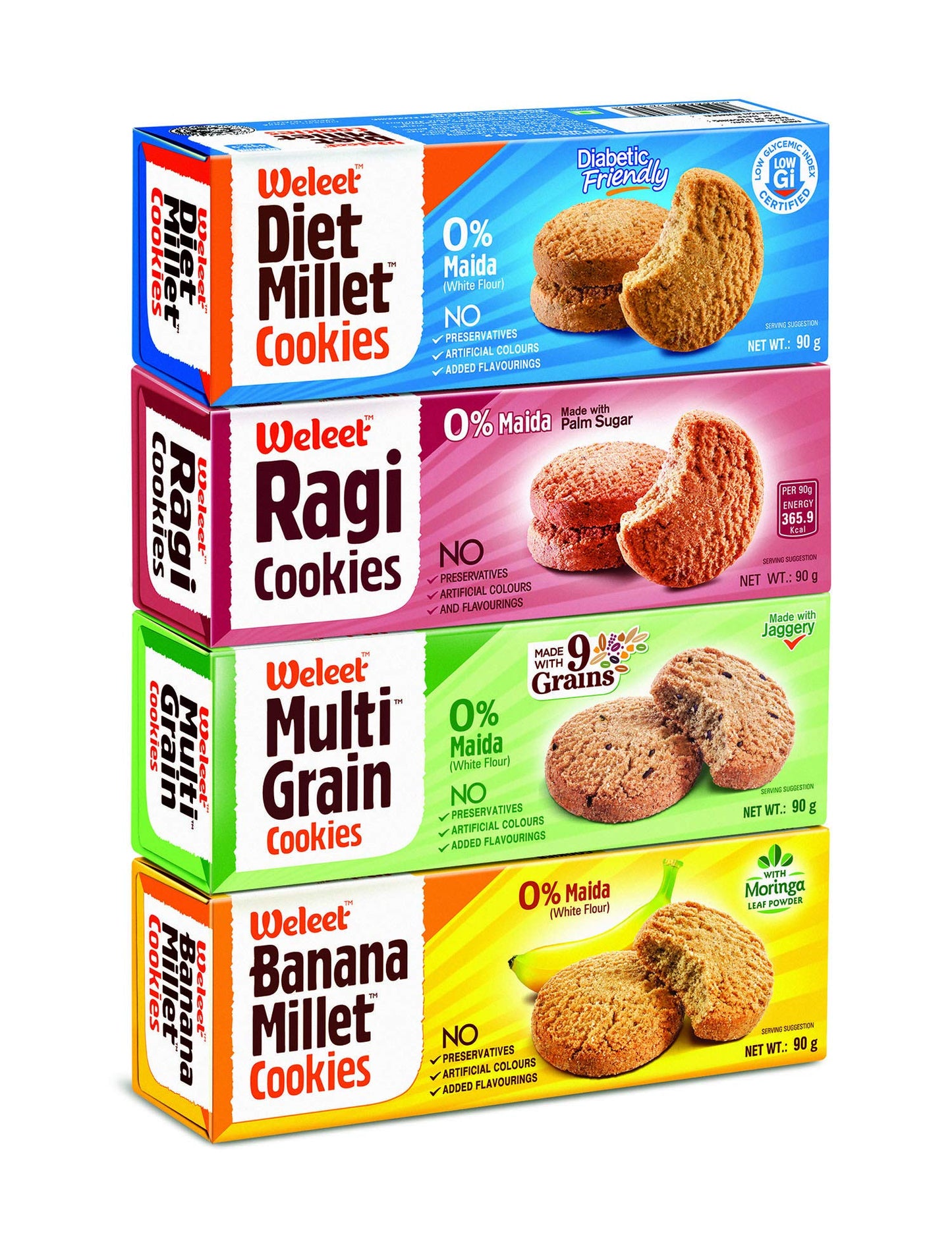 Weleet Assorted Pack Of Multi Grain, Millet, Ragi & Banana Millet Digestive Cookies|Home/Office Snack|Free Of White Sugar & White Flour|100% Natural & Healthy (4 Flavours-360 Gm)