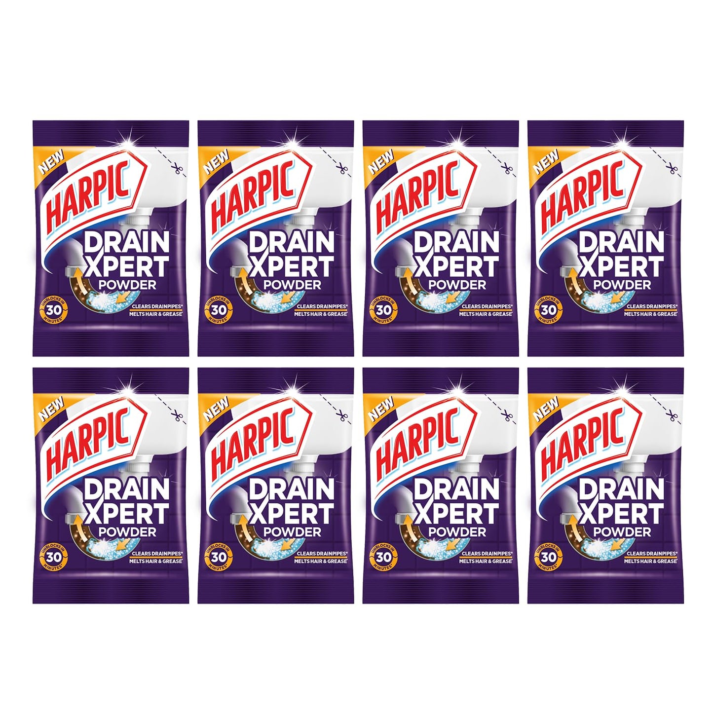 Harpic (50g x 8), DrainXpert Drain Cleaner Powder | Effective Sink Cleaner, Drain Blockage Remover, Drain Pipe Cleaner