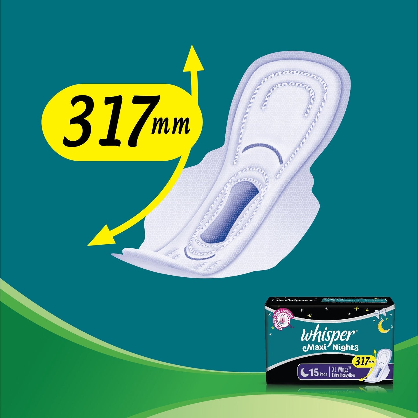 Whisper Maxi Nights Sanitary Pads for Women, XL, Pack of 15 Napkins