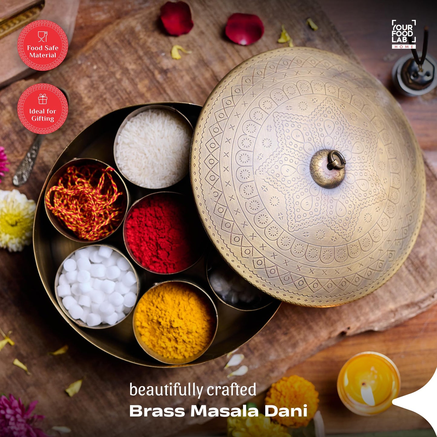 YFL HOME Brass Spice Box for Kitchen with Spoon (Pure Brass, 7 Detachable containers, 100 ML) | Masala box for Kitchen | Spice Storage Container | Stylish Masala Dani for gift