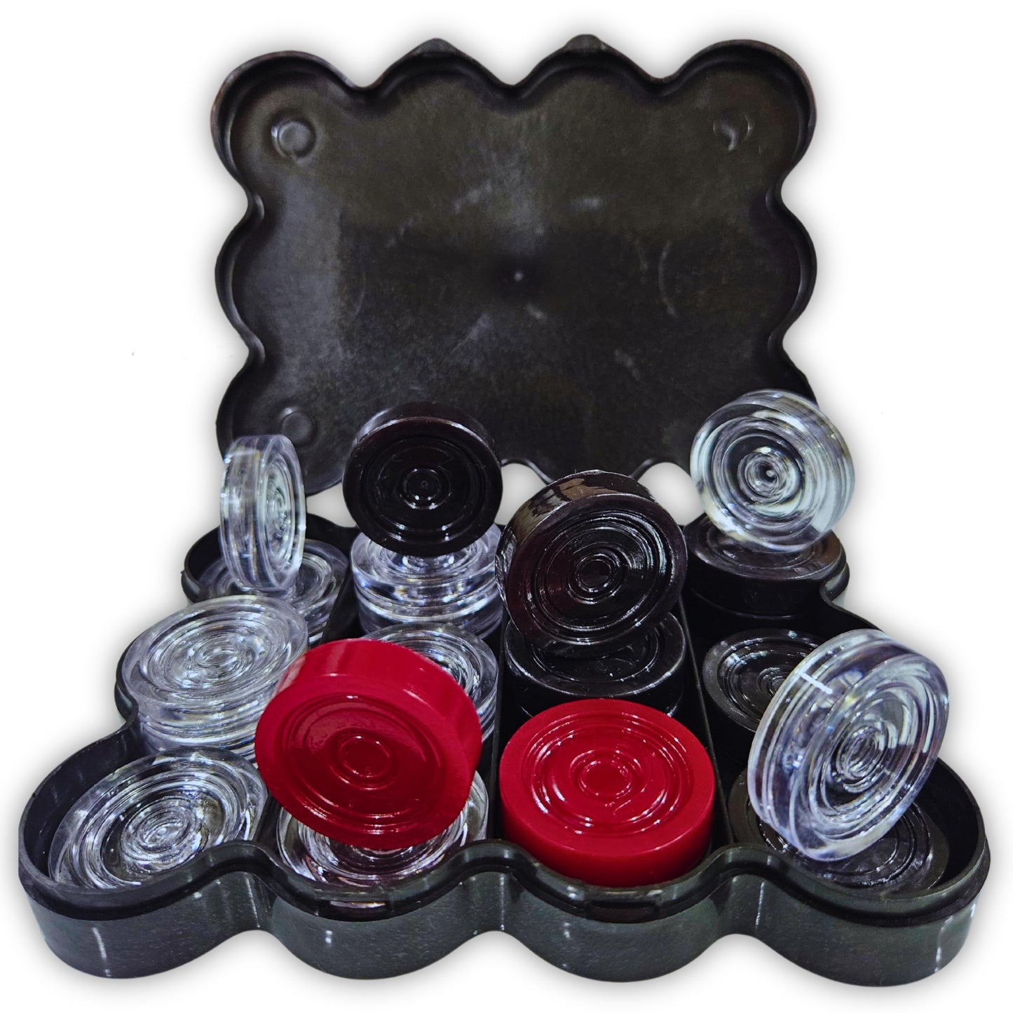 Vinson Carrom Board Coins in Box - 24 Pcs with 2 Strikers & Disco Powder (20 GMS) | Transparent Crystal/Acrylic Finish | Indoor Game Play Fun for Kids,Adults & Family