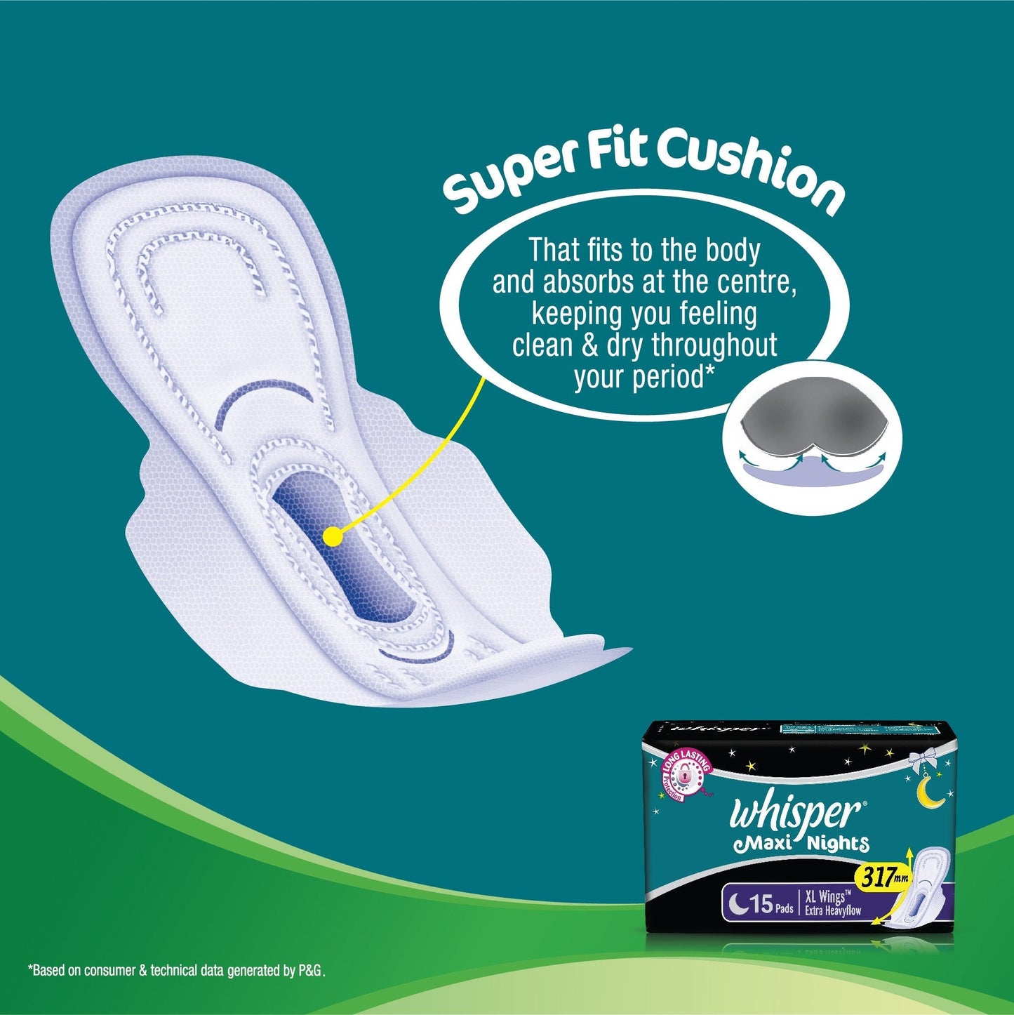 Whisper Maxi Nights Sanitary Pads for Women, XL, Pack of 15 Napkins