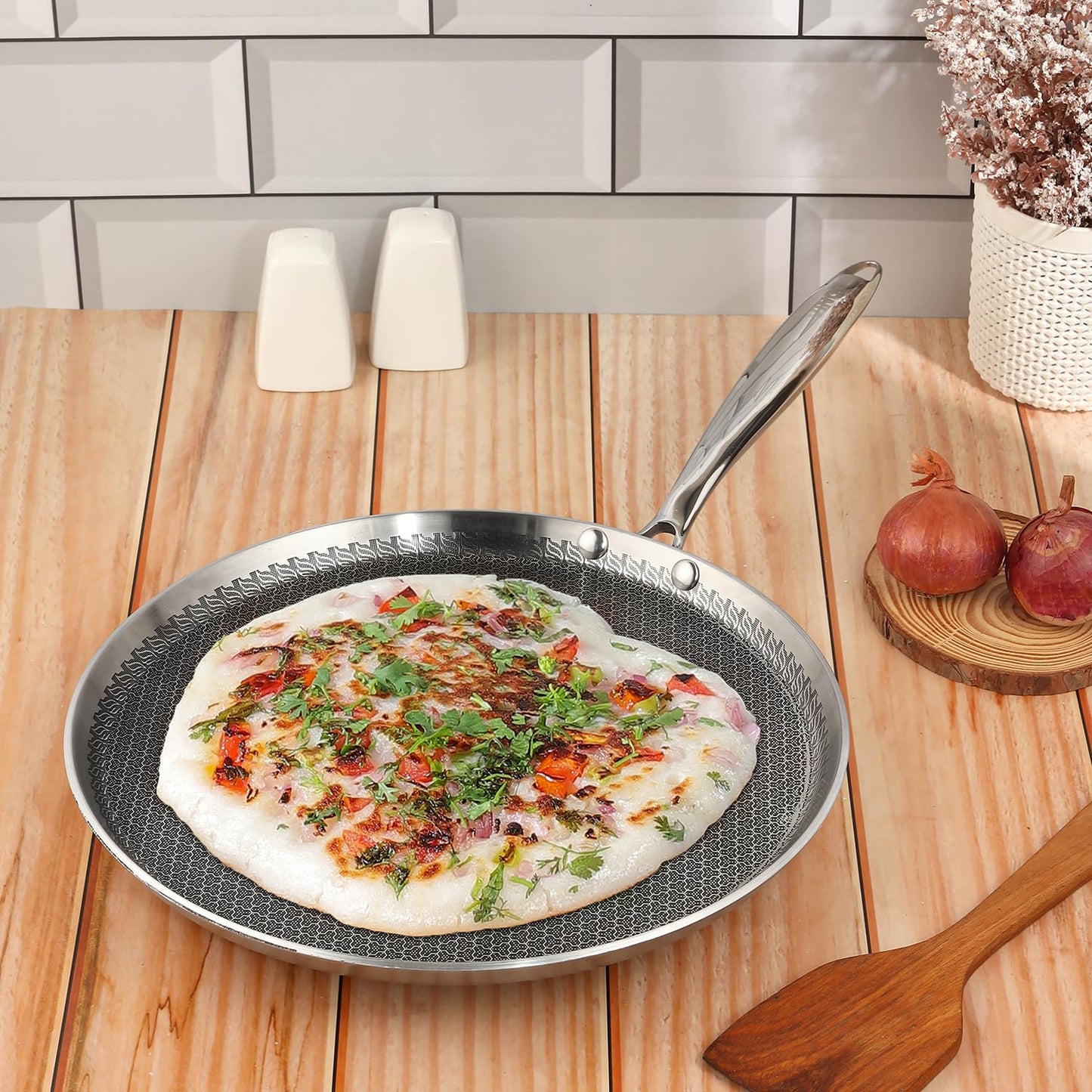 Vinod SAS Pro Platinum Triply Stainless Steel Dosa Tawa - 28 cm | 4.0 mm Thick | Hexa Design | Metal Spoon Friendly | Riveted Handle | Gas, Induction Base | 5-Year Warranty