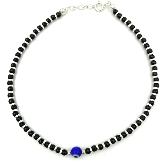 VRINDAM JEWELLERS 925 Sterling Silver Blue Evil Eye Nazariya Anklet with Black Beads For Girl's & Women |Adjustable |Comfortable |Single Piece |Length 27 cm |Weight Approx...7 GM
