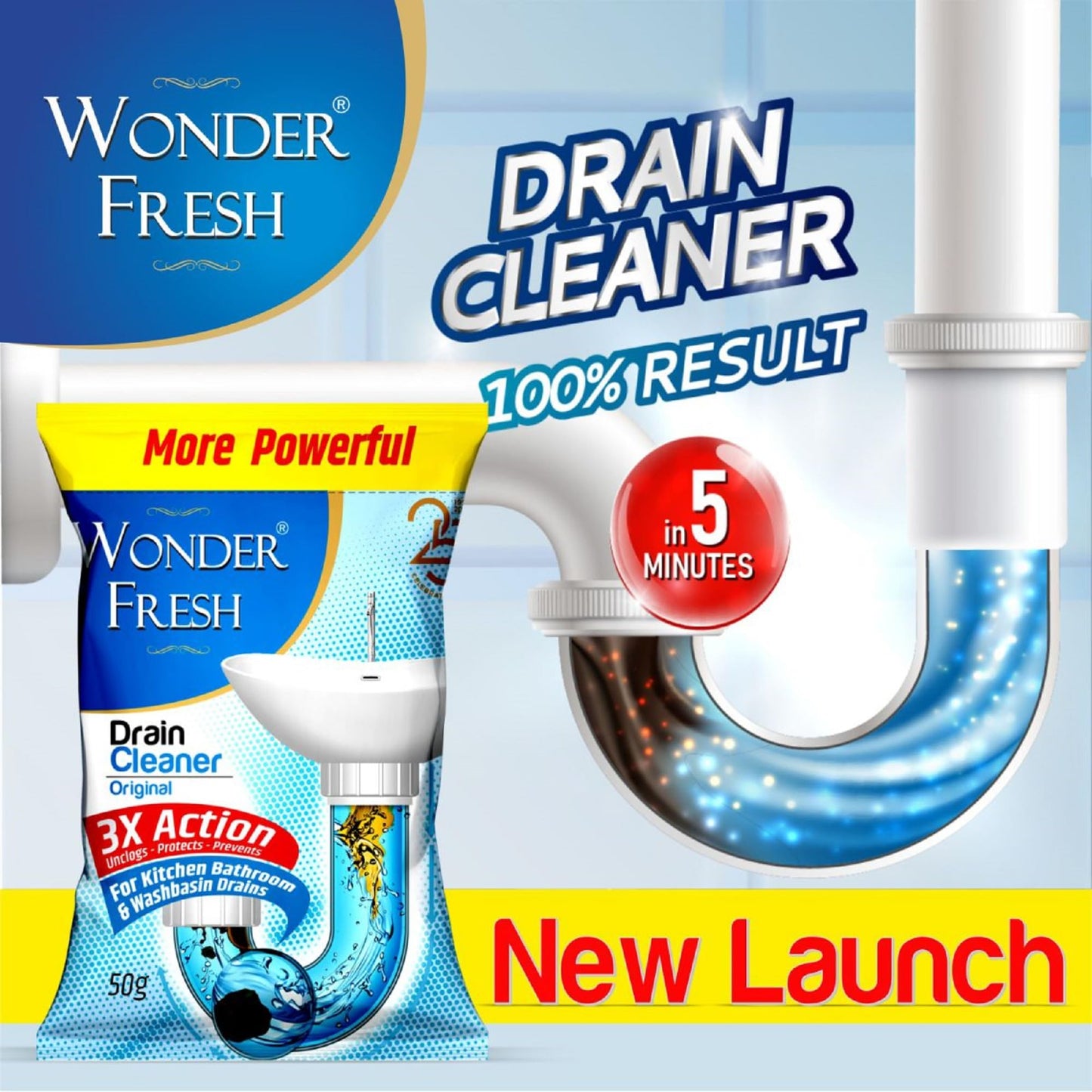 Wonder Fresh Drain Cleaner Powder | Effective Sink Cleaner | Drain Blockage Remover | Wash Basin & Toilet Cleaner | Removes Blockages in Pipes, Sinks & Septic Tanks | 50g (Pack of 20)