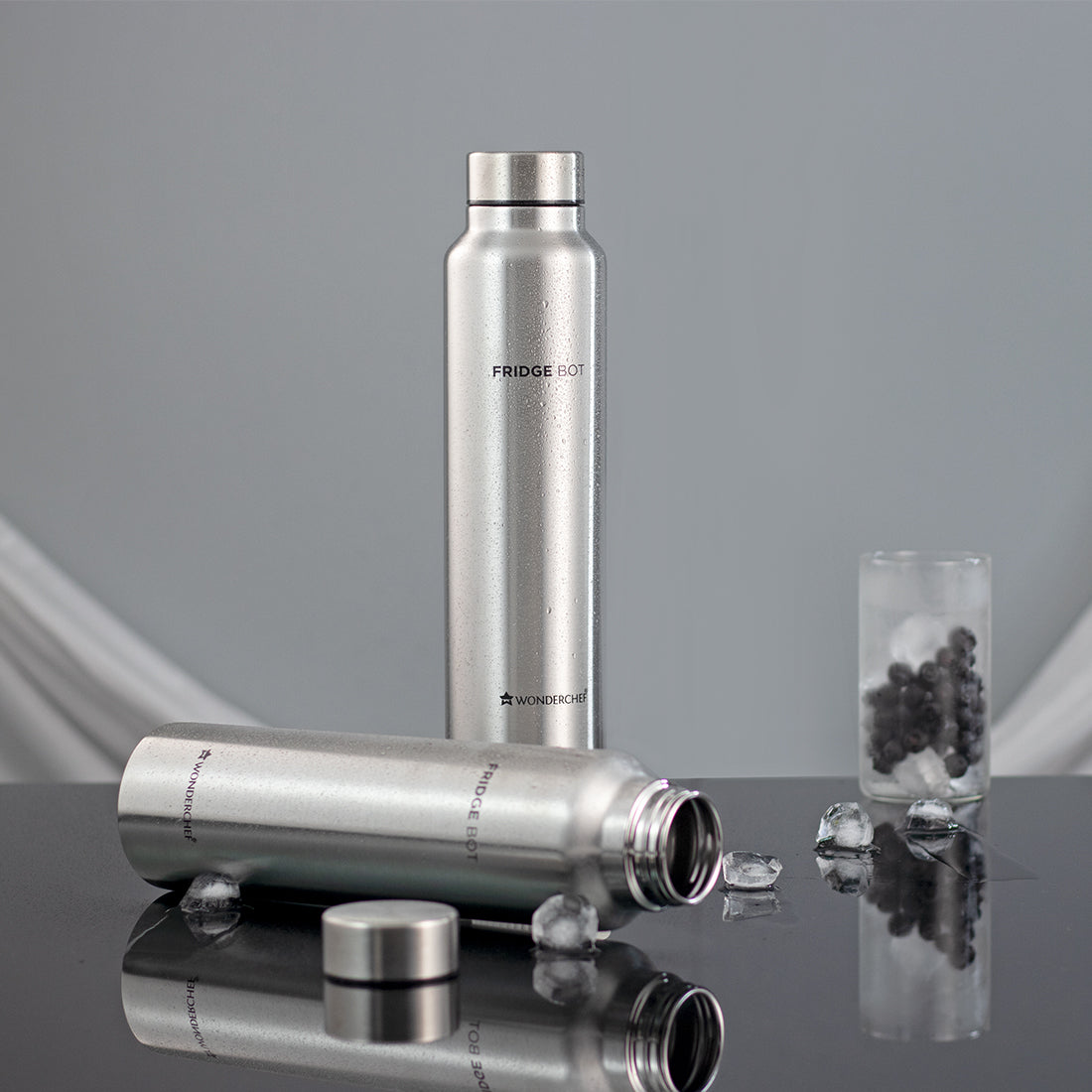 Wonderchef Renewed Stainless Steel Fridge-Bot 1000 ml Each | Pack of 2 | Single wall | Non-insulated | 304 Stainless Steel | Non Toxic | BPA free | Rust Free | Spill and Leak proof | Light weight | 1 Year Warranty