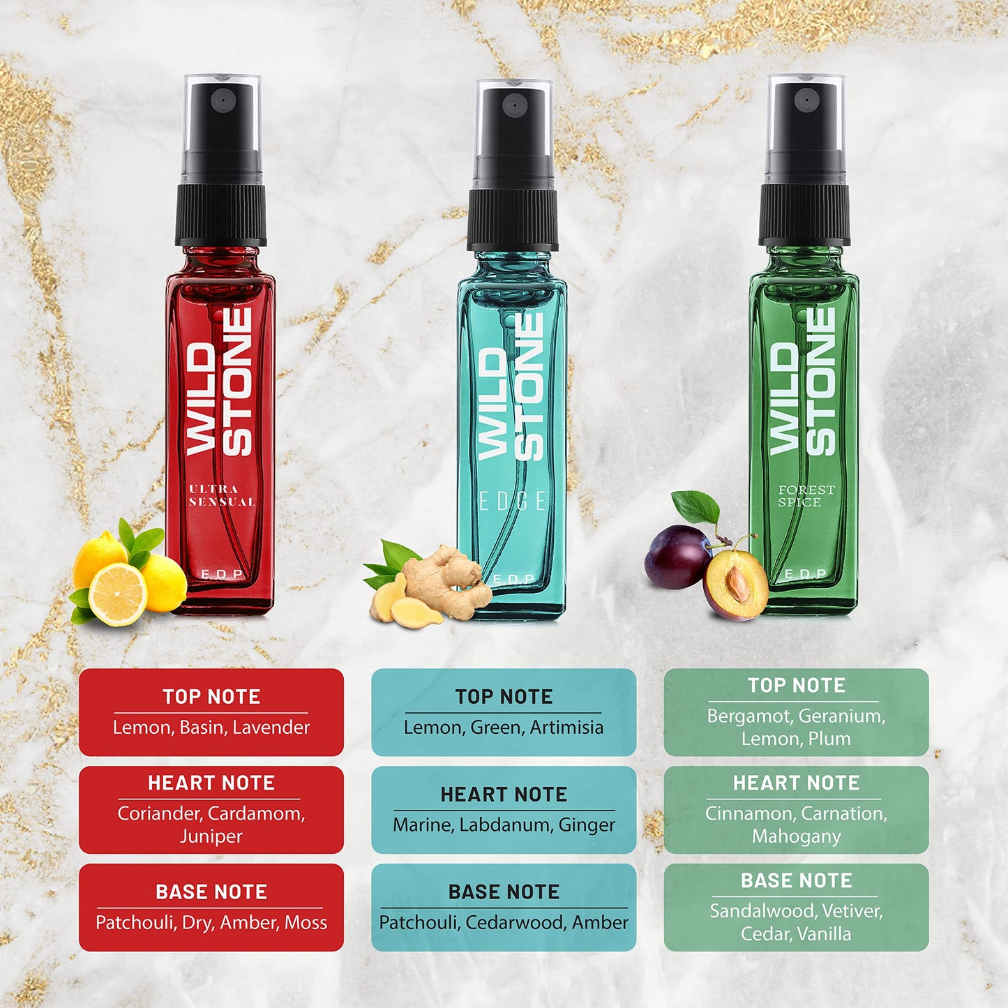 Wild Stone Fragrance Gift Set with Ultra Sensual, Forest Spice, Red, Hydra Energy, Edge and Night Rider Perfume for Men, Pack of 6 (8ml each)