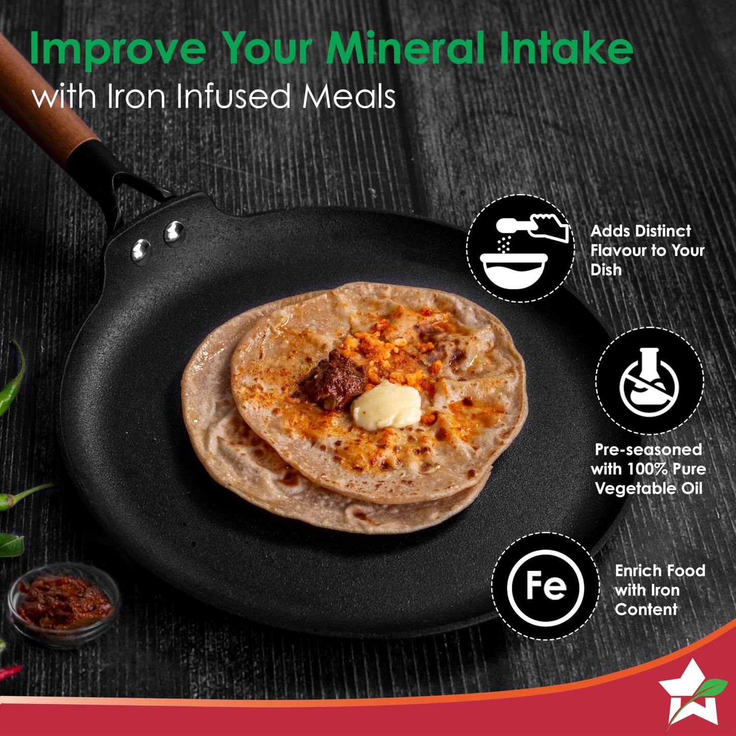 Wonderchef Pre-Seasoned Ferro Light 28cm Dosa Tawa | 4MM | Acacia Wooden Handles | Gravity Moulding Technology | No Chemical Coating |10 Year Warranty