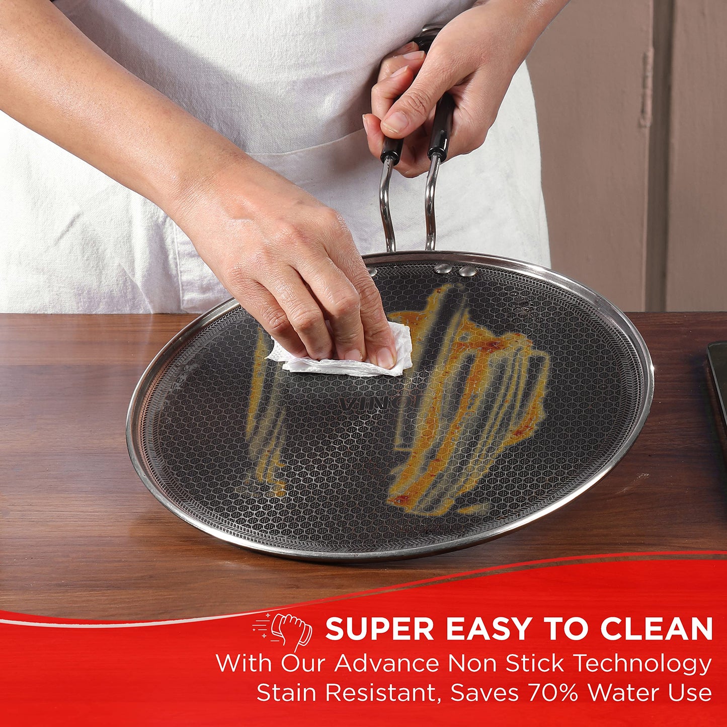 Vinod SAS Pro Platinum Triply Stainless Steel Dosa Tawa - 28 cm | 4.0 mm Thick | Hexa Design | Metal Spoon Friendly | Riveted Handle | Gas, Induction Base | 5-Year Warranty