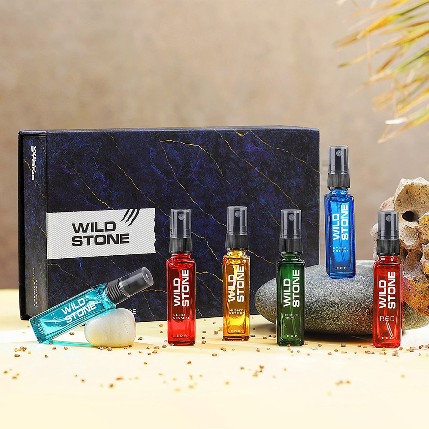 Wild Stone Fragrance Gift Set with Ultra Sensual, Forest Spice, Red, Hydra Energy, Edge and Night Rider Perfume for Men, Pack of 6 (8ml each)