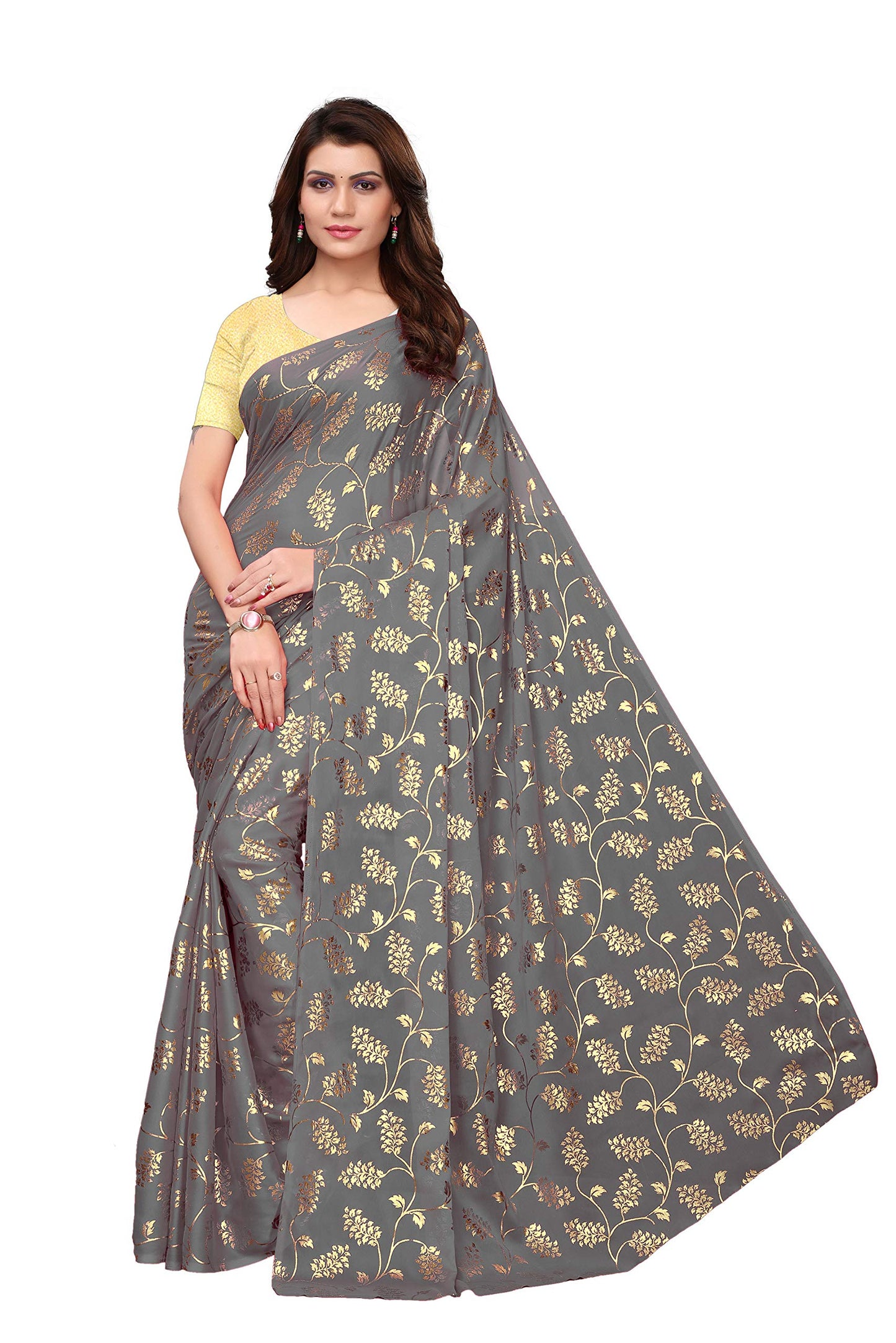 Yashika Silk with Blouse Piece Saree (FOIL Floral Black_Grey_Free Size)