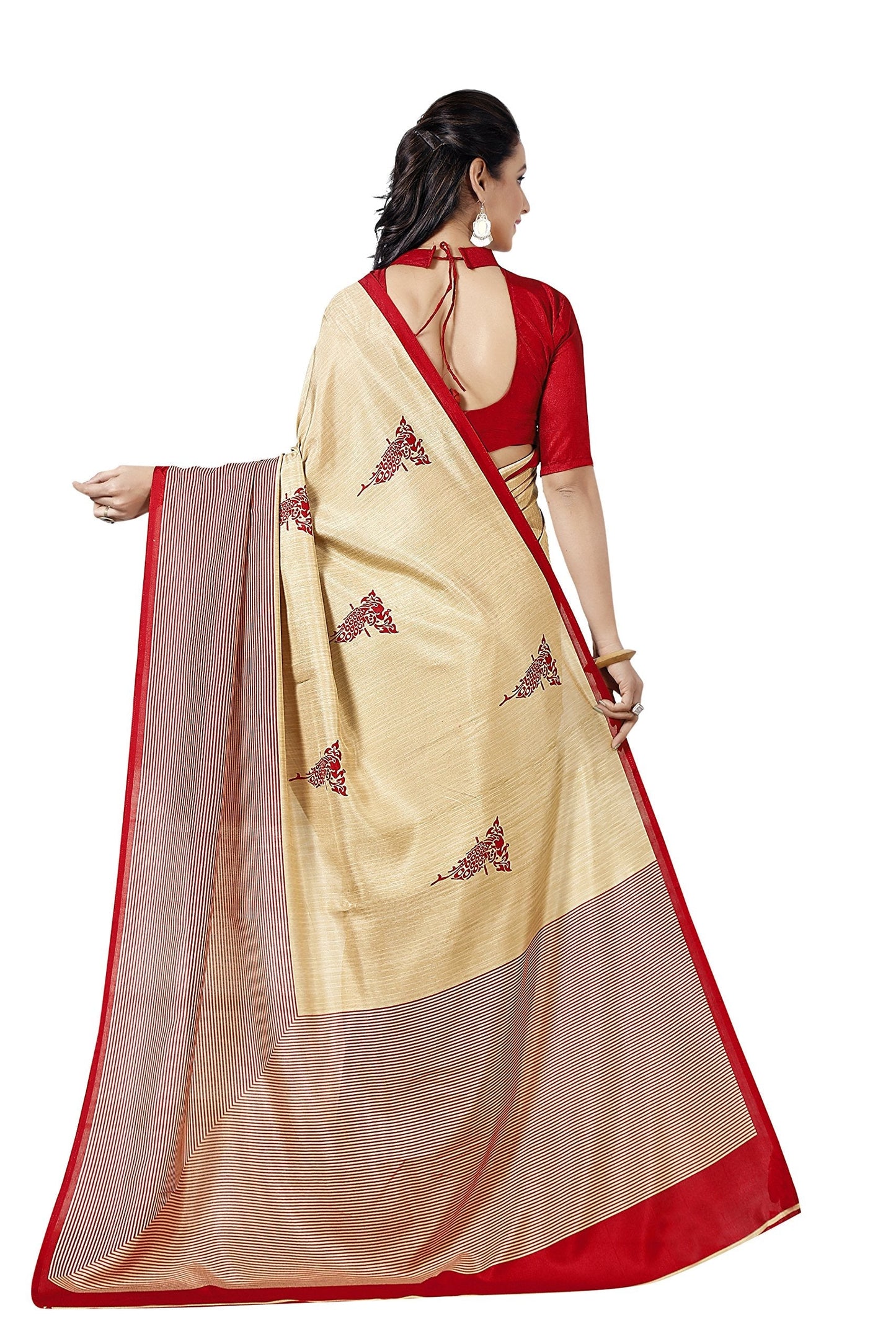 Vimla Women's Beige Malgudi Art Silk Uniform Printed Saree with Blouse (5899_Free Size, Beige)
