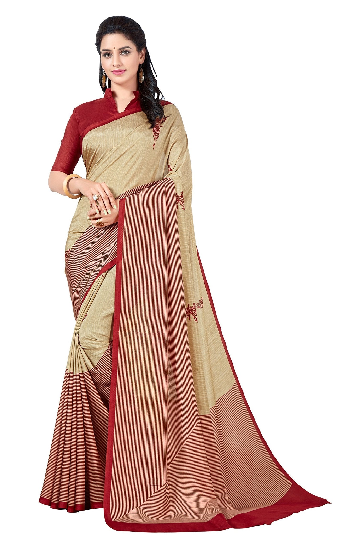 Vimla Women's Beige Malgudi Art Silk Uniform Printed Saree with Blouse (5899_Free Size, Beige)