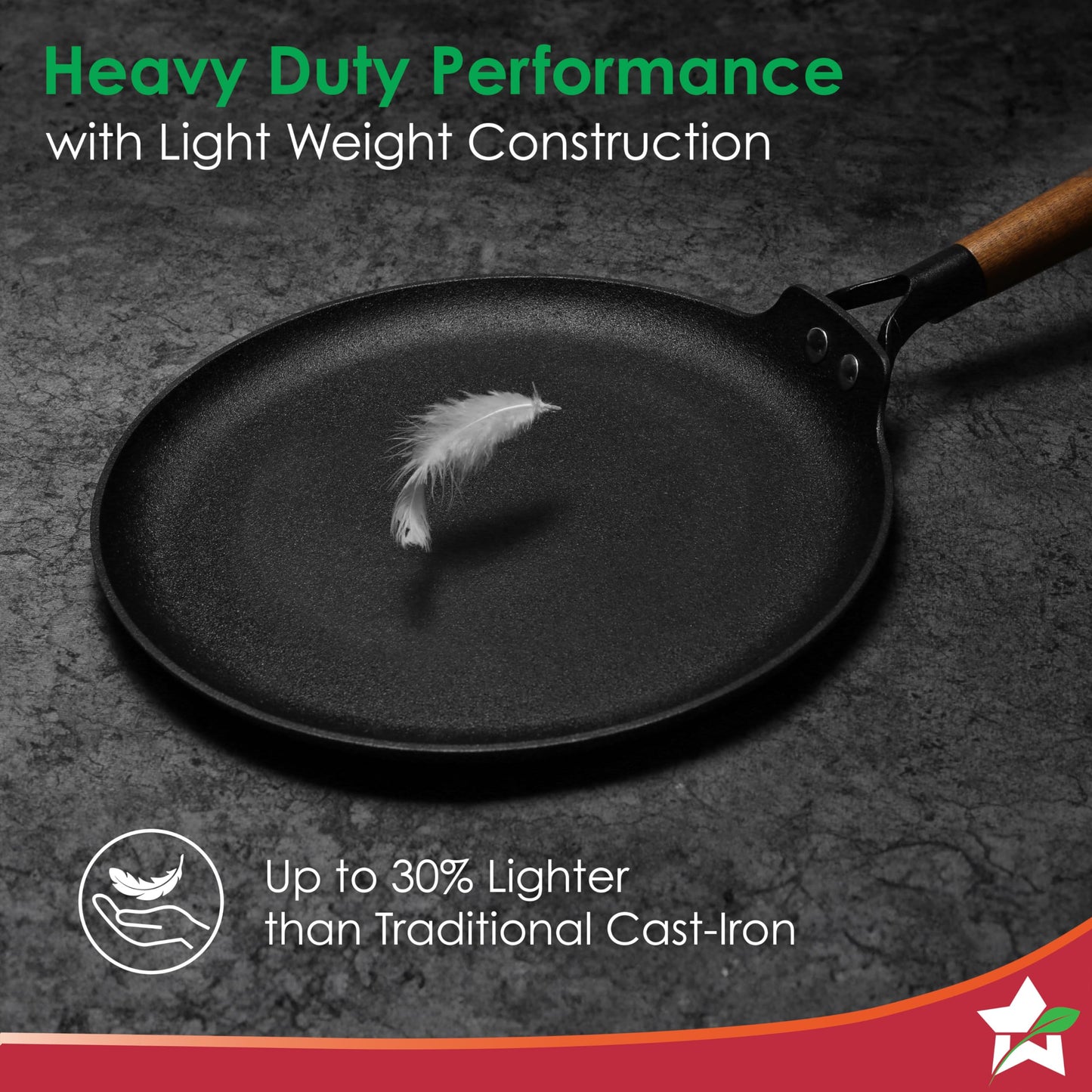 Wonderchef Pre-Seasoned Ferro Light 28cm Dosa Tawa | 4MM | Acacia Wooden Handles | Gravity Moulding Technology | No Chemical Coating |10 Year Warranty