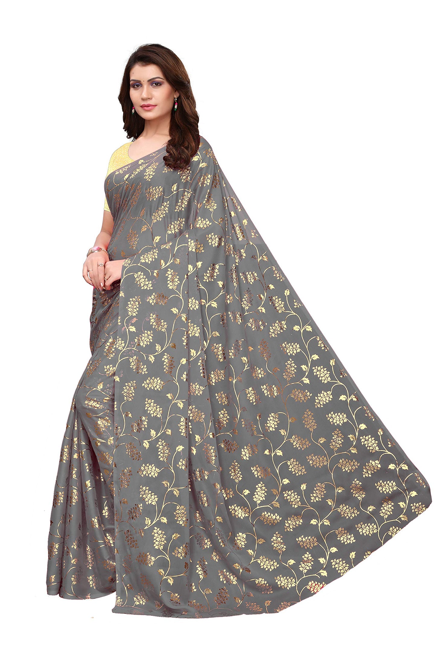 Yashika Silk with Blouse Piece Saree (FOIL Floral Black_Grey_Free Size)