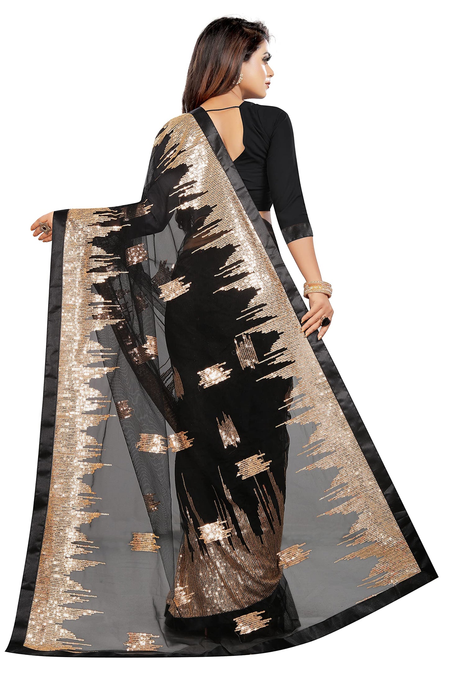 Vastraani Women's Sequined Woven Net Saree with Blouse Piece (Black, Free Size)