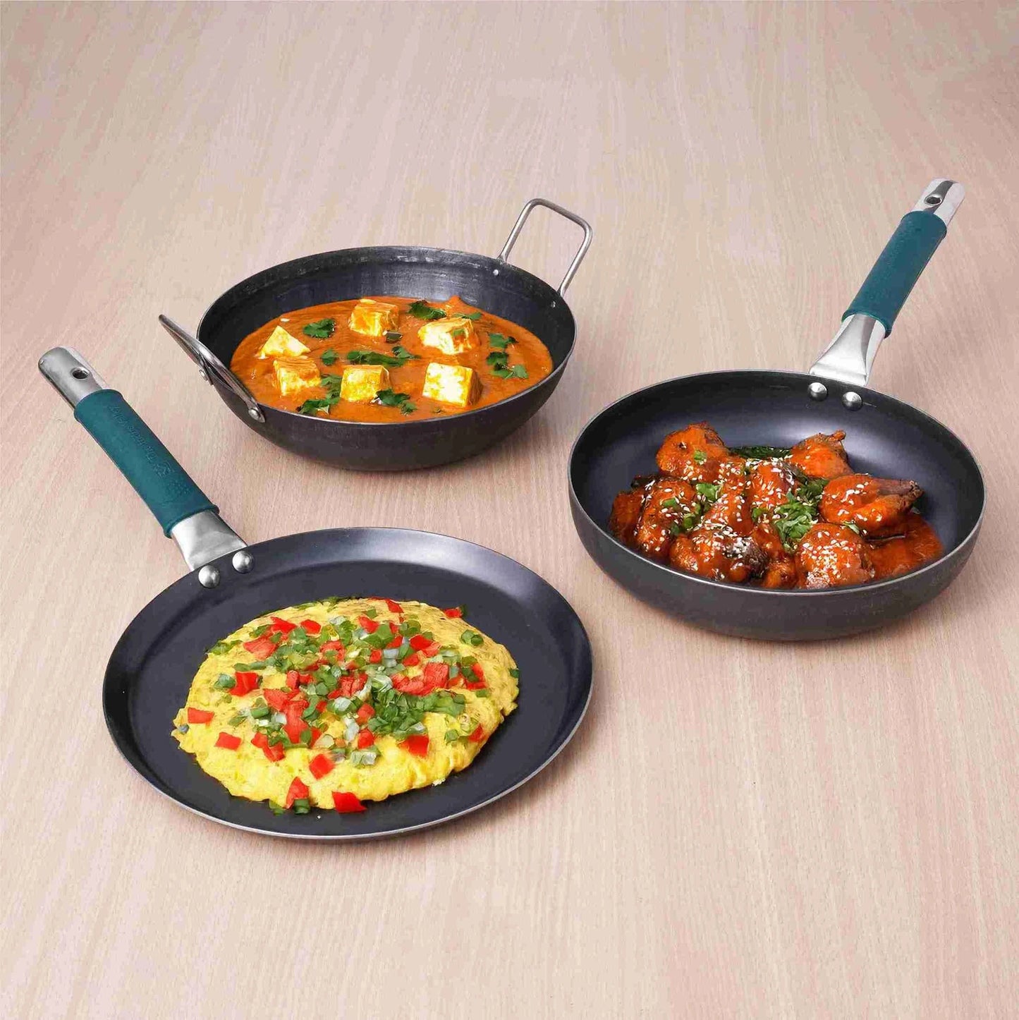 100% Pure Iron Cookware Set: Tawa 26 cm + Fry Pan 25 cm + Kadai 25 cm, Toxin-free Sheet Iron, Pre-seasoned, Kitchen Set for Home