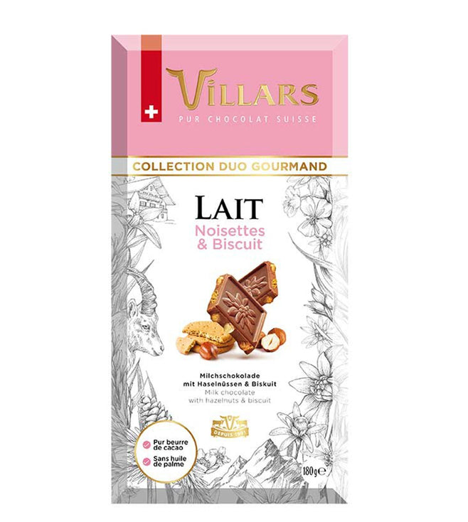 5x VILLARS Milk Chocolate With Whole Hazelnuts & Biscuits Bar - 180 g each - Pack of 5