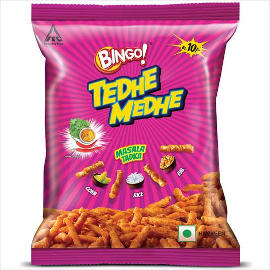 25x Bingo Tedhe Medhe Masala Tadka Crisps, Pack of 25- 90g (each)
