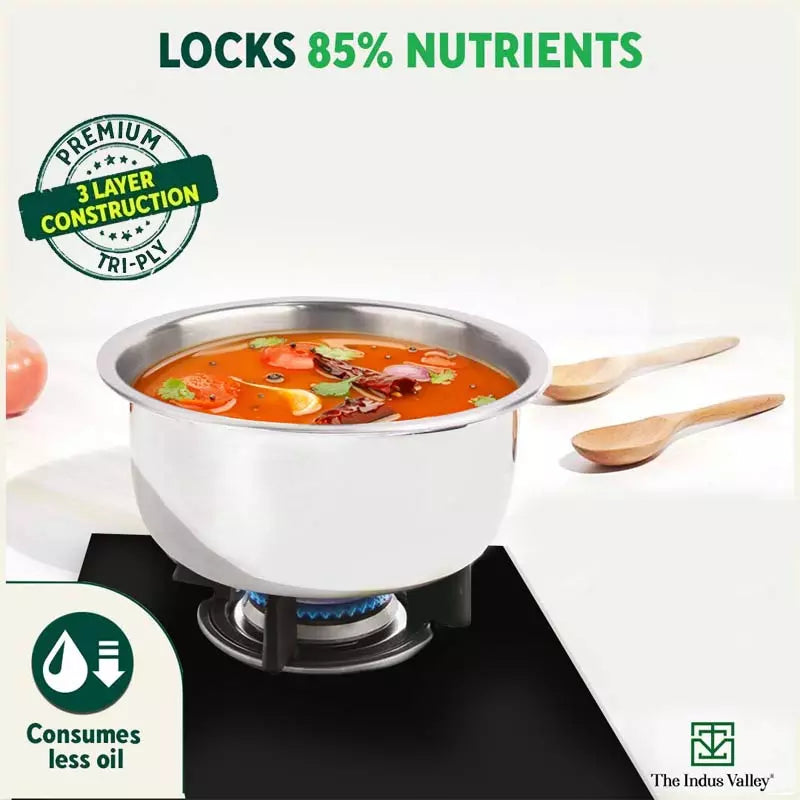 TurboCuk Tri-ply Stainless Steel Tope/Tapeli/Bhagona/Patila+ Steel Lid, Premium Quality, 3 Layer Thick Body, 100% Toxin-free, Non-stick, Induction & Gas, 2.2/3.1L