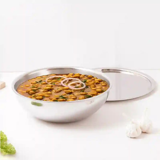 TurboCuk Tri-ply Stainless Steel Tasla/Tasra/ Patila+ Steel Lid, Cook & Serve, Premium Quality, 3 Layer Thick Body, 100% Toxin-free, Non-stick, Induction & Gas, 1.6/1.7/3.2L