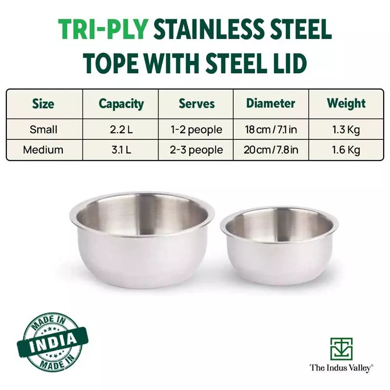 TurboCuk Tri-ply Stainless Steel Tope/Tapeli/Bhagona/Patila+ Steel Lid, Premium Quality, 3 Layer Thick Body, 100% Toxin-free, Non-stick, Induction & Gas, 2.2/3.1L
