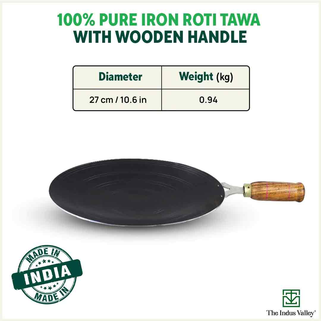 100% Pure Sheet Iron Tawa, Concave, Toxin-free, Seasoned, Wooden Handle, 25.5cm, 0.9kg