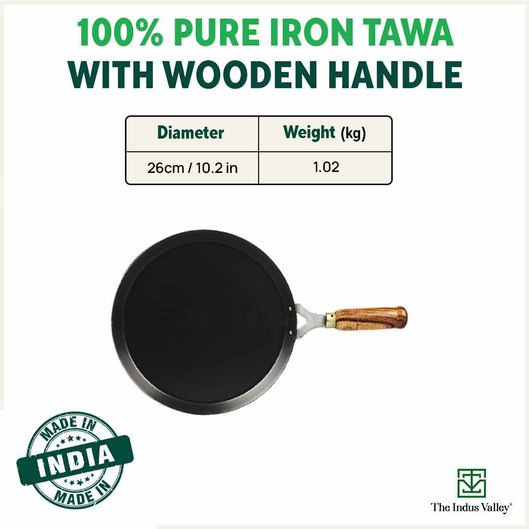 100% Pure Sheet Iron Tawa, Wooden Handle, Seasoned, Toxin-free, Induction, 26cm, 1kg