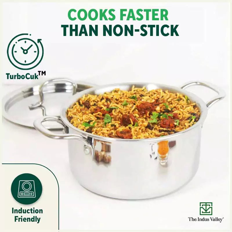 TurboCuk Tri-ply Stainless Steel Casserole/ Biryani Cooking Pot+ Steel Lid, Premium Quality, 3 Layer Thick Body, 100% Toxin-free, Non-stick, Induction & Gas, 3.1L