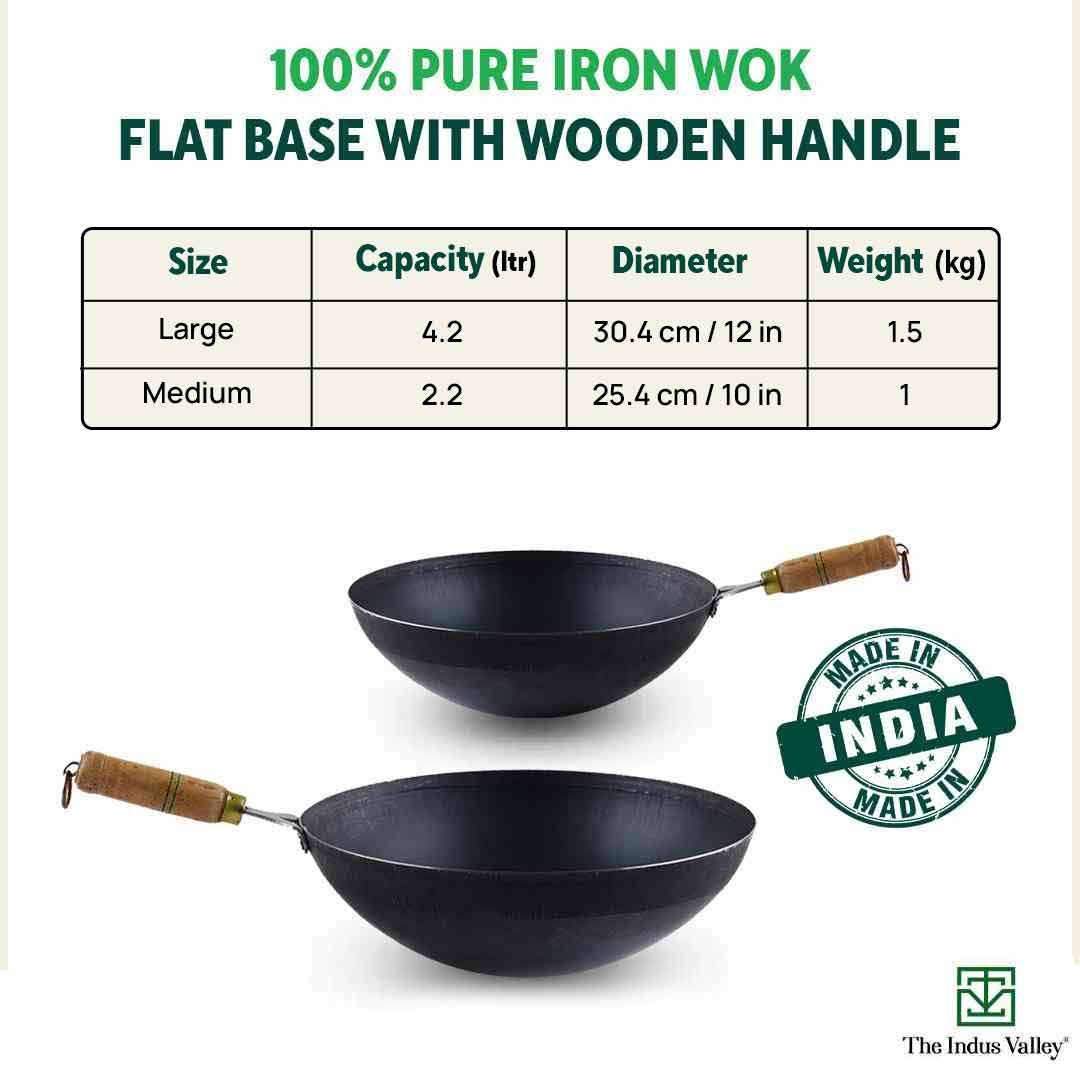 100% Pure Iron Wok with Wooden Handle, Toxin-free Sheet Iron, Pre-seasoned, 2.2/4.2L, 1/1.5kg