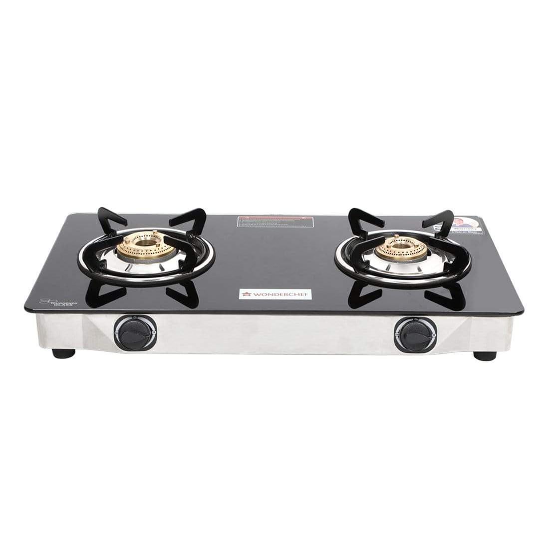 Zest 2 Burner Glass Cooktop,  Black 7mm Toughened Glass with 1 Year Warranty, Ergonomic Knobs, Efficient Brass Burners, Stainless-steel Spill Tray, Manual Ignition