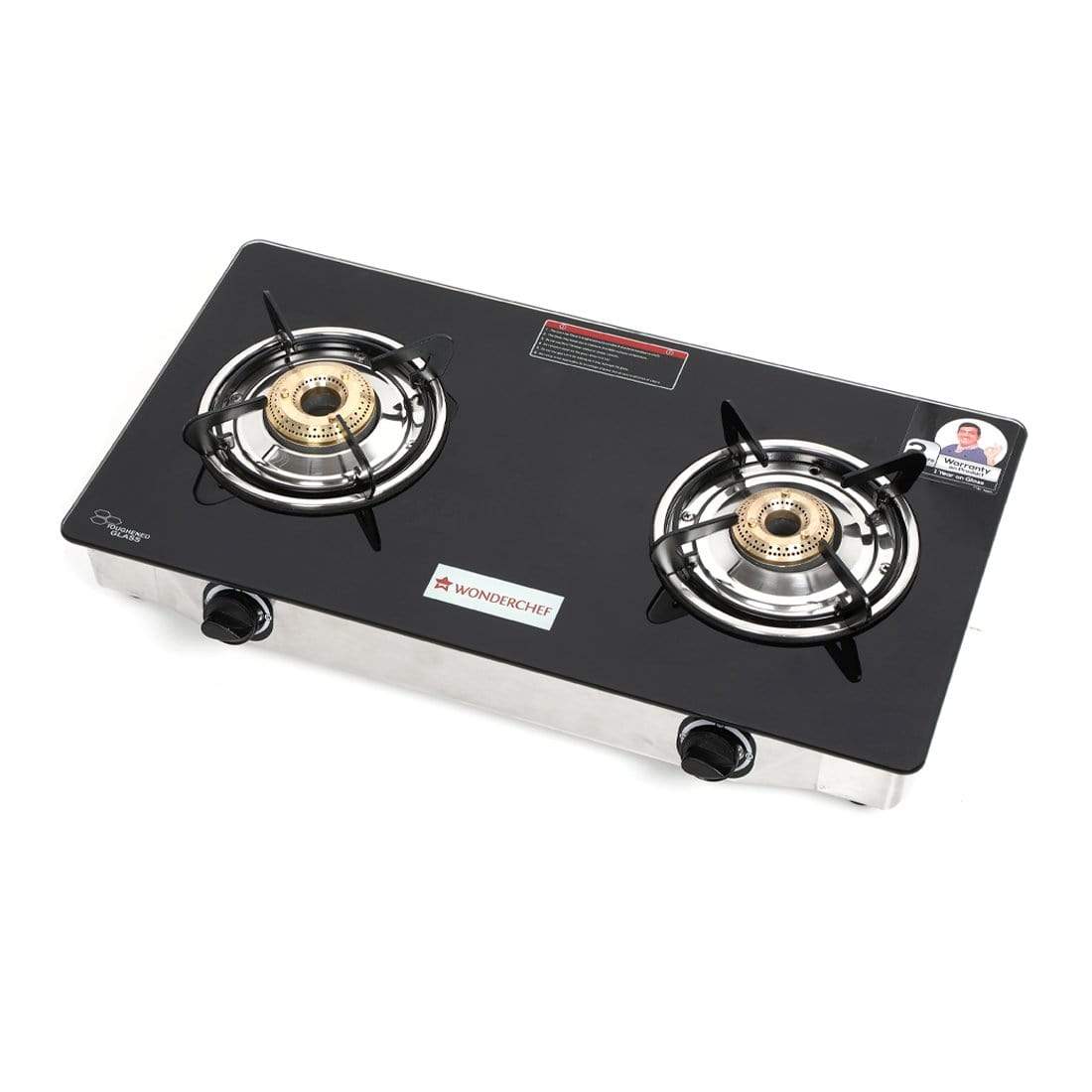 Zest 2 Burner Glass Cooktop,  Black 7mm Toughened Glass with 1 Year Warranty, Ergonomic Knobs, Efficient Brass Burners, Stainless-steel Spill Tray, Manual Ignition