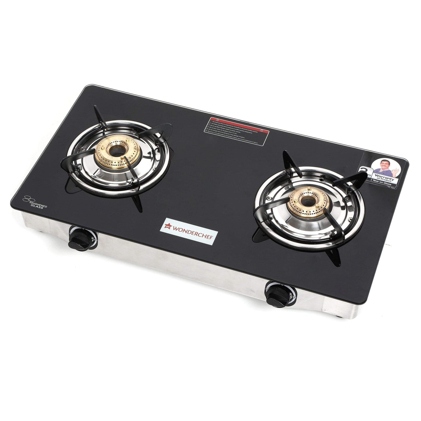 Zest 2 Burner Glass Cooktop,  Black 7mm Toughened Glass with 1 Year Warranty, Ergonomic Knobs, Efficient Brass Burners, Stainless-steel Spill Tray, Manual Ignition